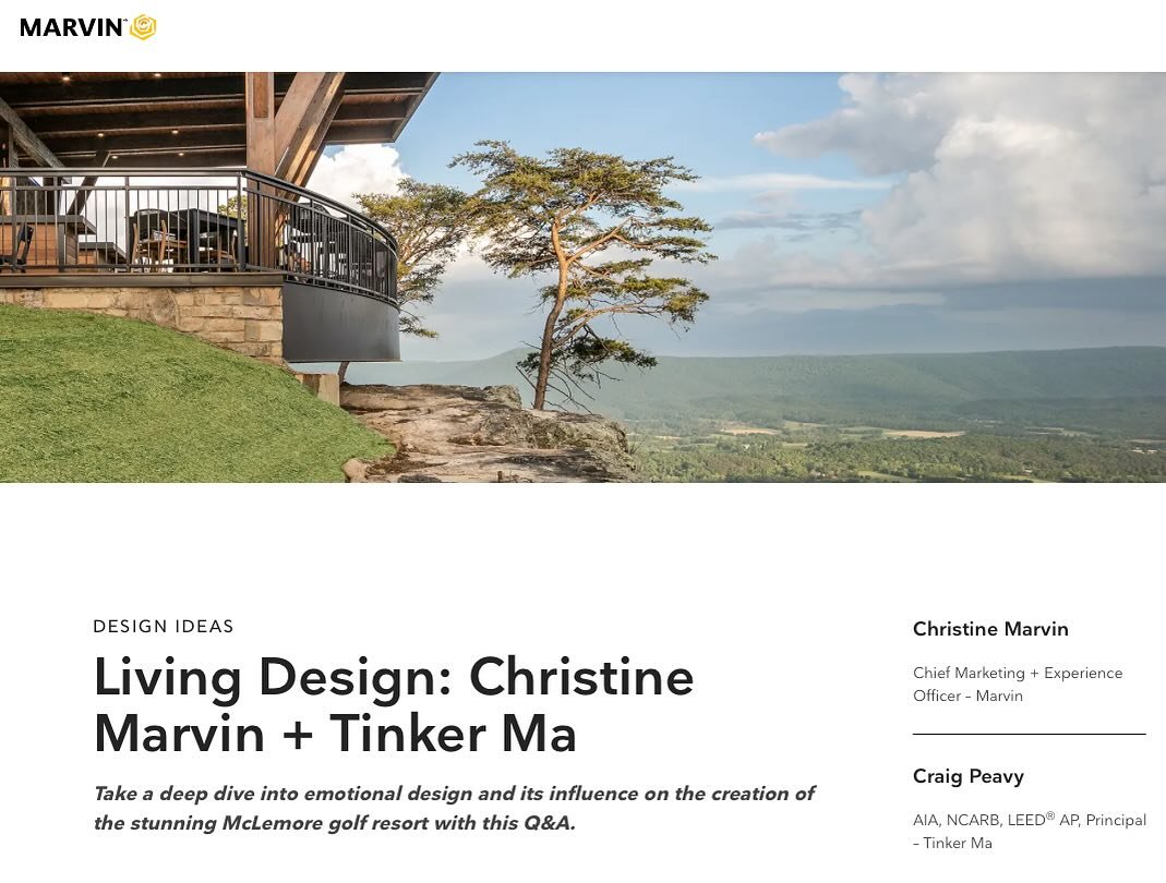 Thank you to our partners at Marvin for highlighting our collaborative work at Cloudland at McLemore Resort while elaborating on the role of emotional design in architecture and how intentional design creates meaningful, impactful spaces.

Follow the