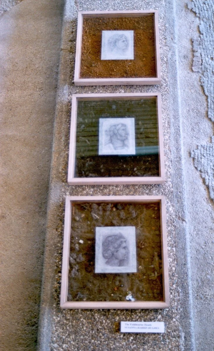 TRACING TIME - BOX I     
Head of the Emperor Claudius.  Inkjet print onto tissue paper, iron stone (sub-soil)
The initial evidence of buildings found at Fishbourne is that they were for military purposes, which are thought to have been built during 