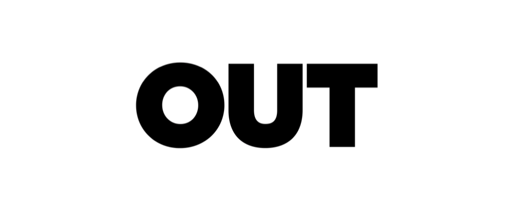 The word 'OUT' in bold black letters on a white background.