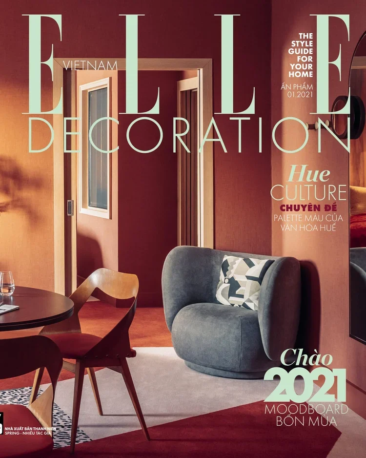 ELLE Decoration Vietnam January 2021 cover featuring warm-toned modern interior with sculptural furniture and refined detailing by Andrea Michaelson Design
