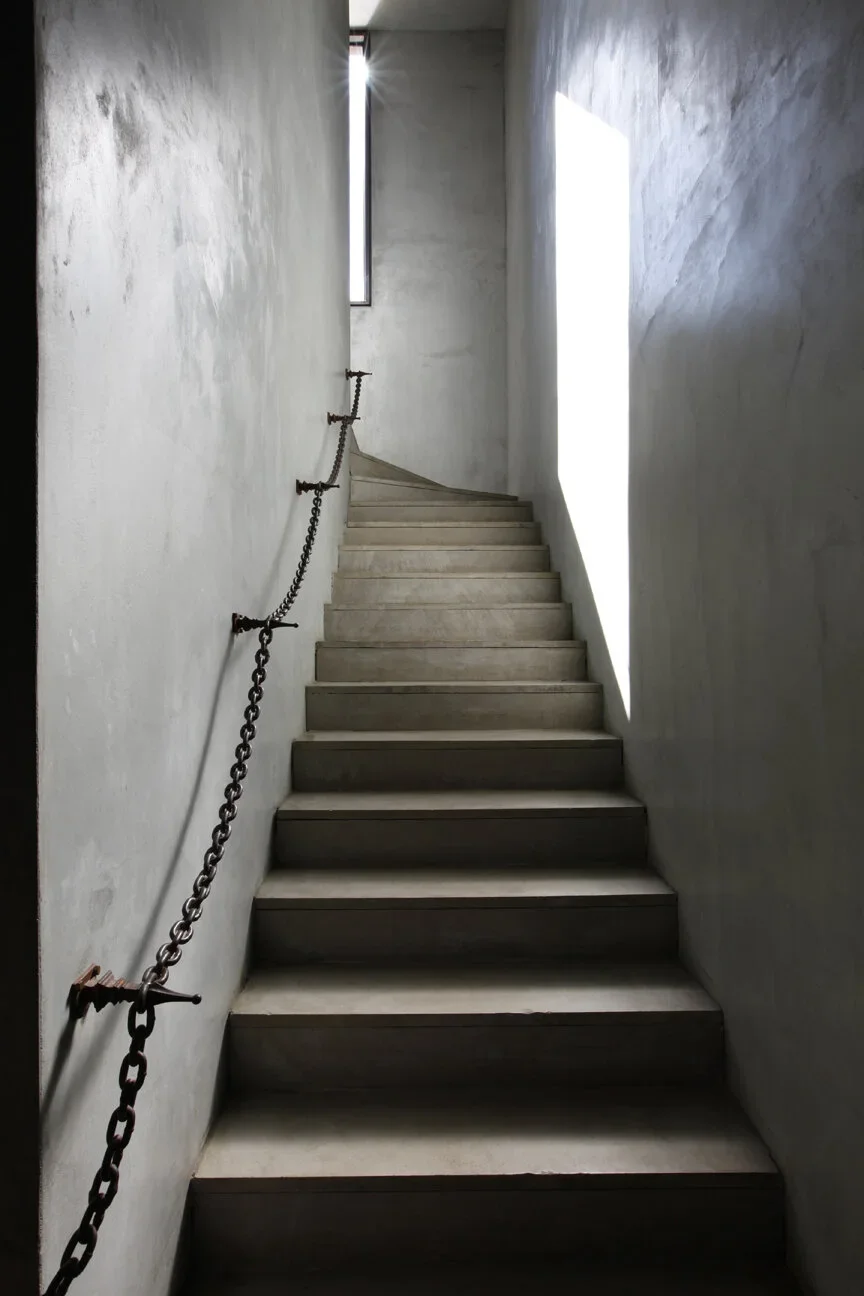A minimalist concrete staircase bathed in natural light, featuring a unique chain-style handrail and smooth gray plaster walls. This modern architectural design combines industrial elements with simplicity, creating a clean, artistic, and dramatic in