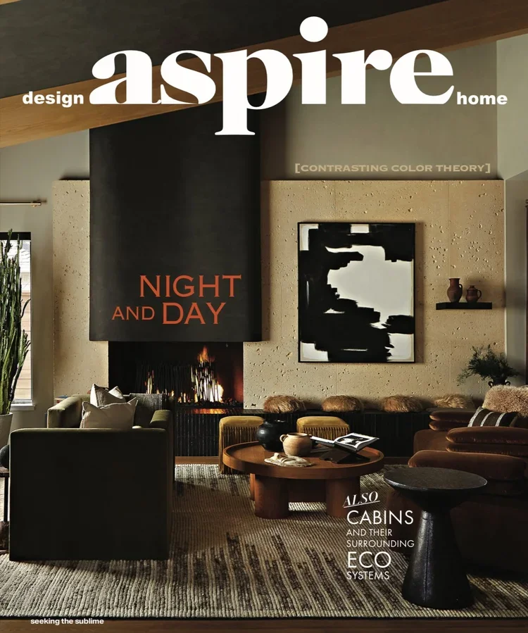 Aspire Design + Home magazine cover showcasing Andrea Michaelson’s Utah getaway with warm modern interiors and family-centered design