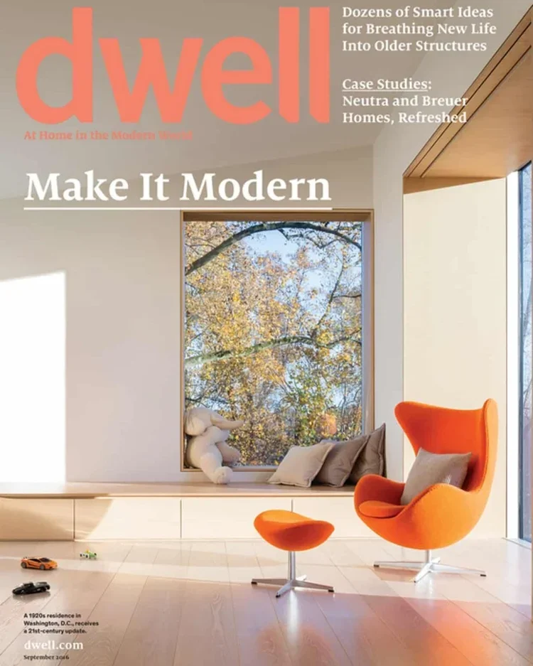Dwell magazine cover featuring Andrea Michaelson’s modern minimalist interior with warm natural light and bold orange accents