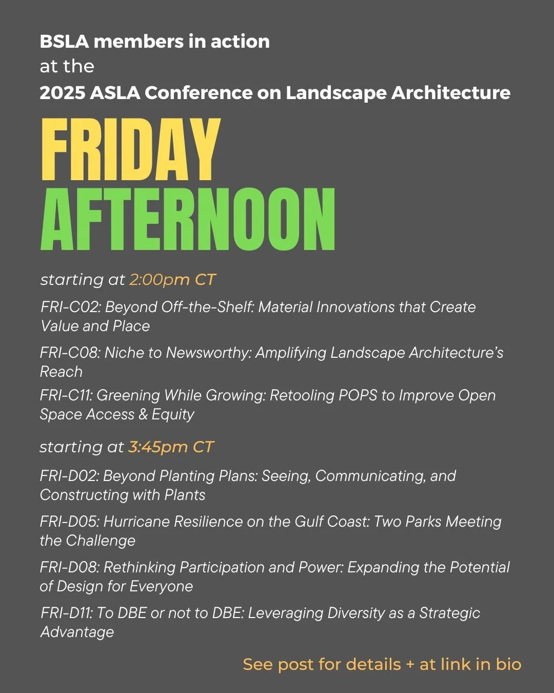 Happening FRIDAY AFTERNOON: 

2:00pm - 3:15pm CT
FRI-C02: Beyond Off-the-Shelf: Material Innovations that Create Value and Place
Location: New Orleans Ernest N. Morial Convention Center, Room 217-219
Speaker: Bryan C. Chou, ASLA, PLA &ndash; Mikyoung