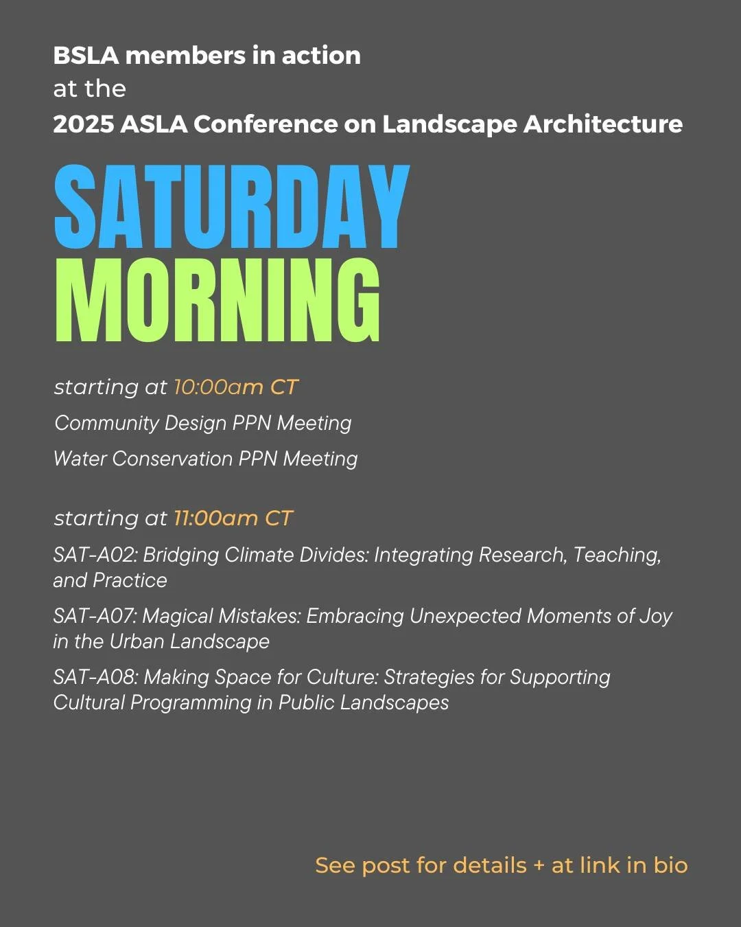 Happening SATURDAY MORNING: 

10:00am - 10:45am CT
Community Design PPN Meeting
Location: Practice Basecamp PPN Room (EXPO)
PPN Leader: Hongbing Tang, ASLA, PLA, LEED AP &ndash; Co-Founder, LANDD International LLC
PPN Leader: Robert Ryan, FASLA &ndas