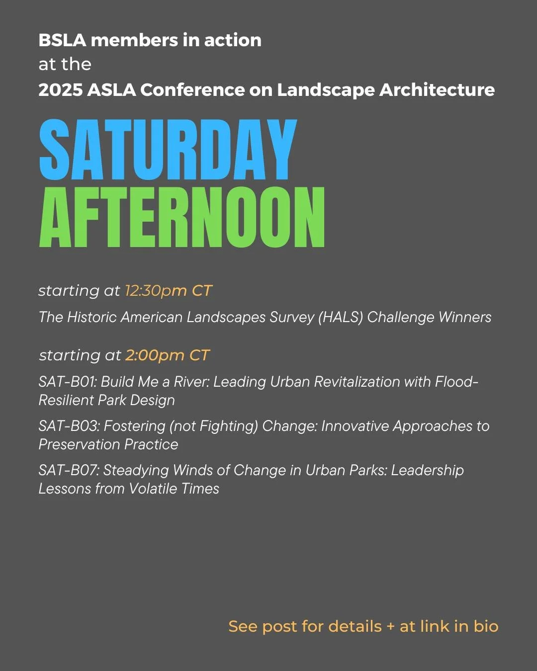 Happening SATURDAY AFTERNOON: 

12:30pm - 1:00pm CT
The Historic American Landscapes Survey (HALS) Challenge Winners
Location: ASLA Pavilion (EXPO)
Leader: Allison A. Crosbie, ASLA &ndash; City of Cambridge Historical Commission
@cambridgemass
.
2:00