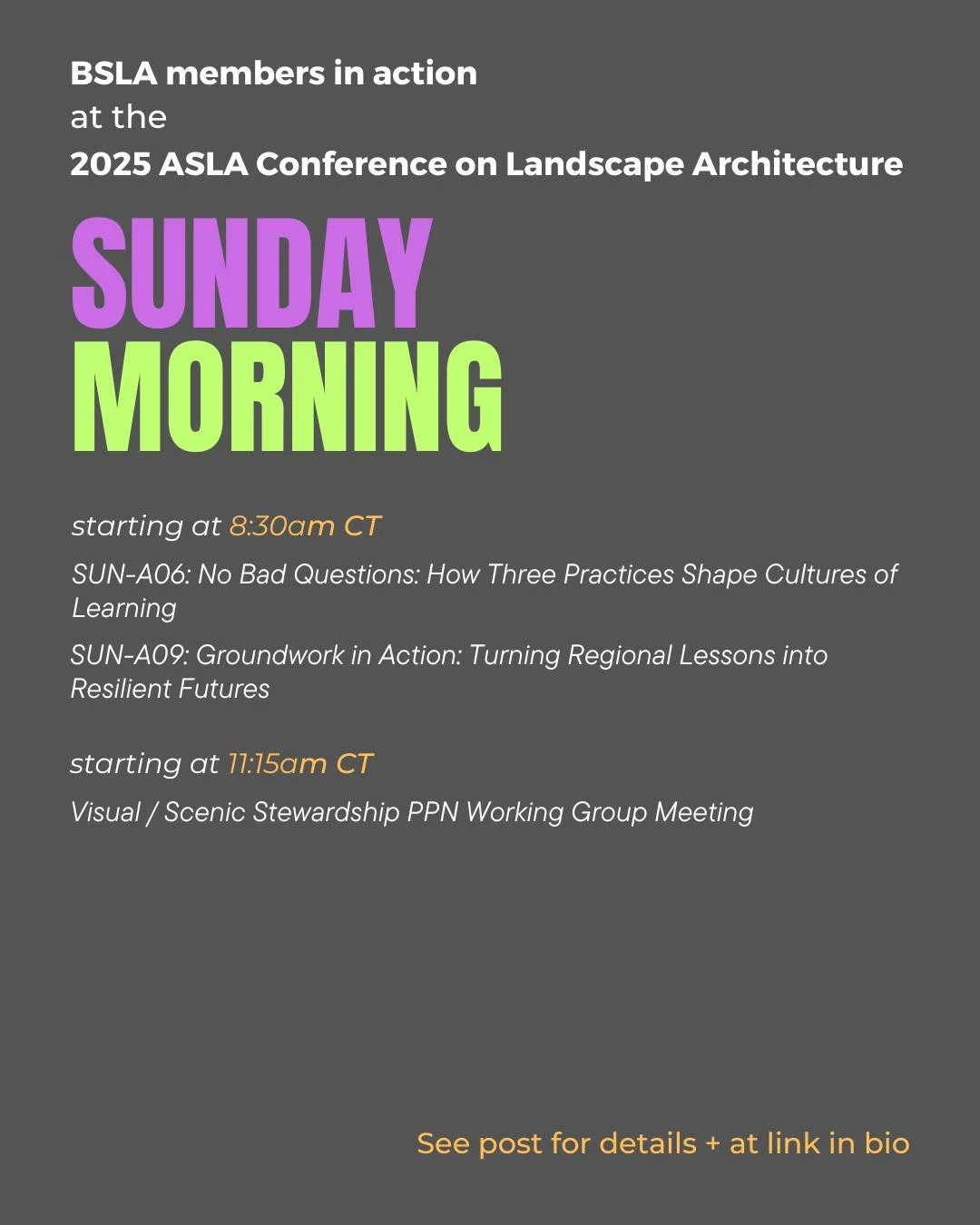 Happening SUNDAY MORNING: 

8:30am - 9:45am CT
SUN-A06: No Bad Questions: How Three Practices Shape Cultures of Learning
Location: New Orleans Ernest N. Morial Convention Center, Room 209-210
Speaker: Marisa Villarreal, ASLA (she/her/hers) &ndash; Re