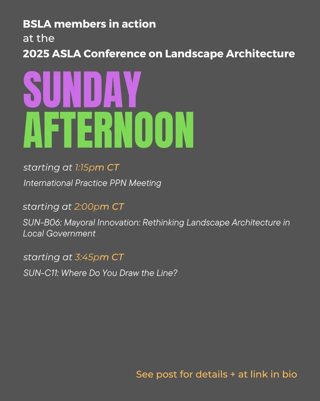Happening SUNDAY AFTERNOON: 

1:15pm - 2:00pm CT
International Practice PPN Meeting
Location: Practice Basecamp PPN Room (EXPO)
PPN Speaker: Ming-Jen Hsueh, ASLA, PLA &ndash; Sasaki
@sasakidesign
.
2:00pm - 3:15pm CT
SUN-B06: Mayoral Innovation: Reth