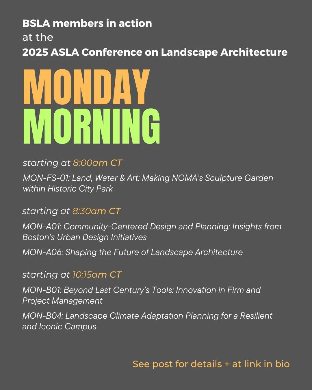 Happening MONDAY MORNING:

8:00am - 2:00pm CT
MON-FS-01: Land, Water &amp; Art: Making NOMA&rsquo;s Sculpture Garden within Historic City Park
Location: New Orleans Ernest N. Morial Convention Center, Field Session Departure Area (Lobby A)
Field Sess