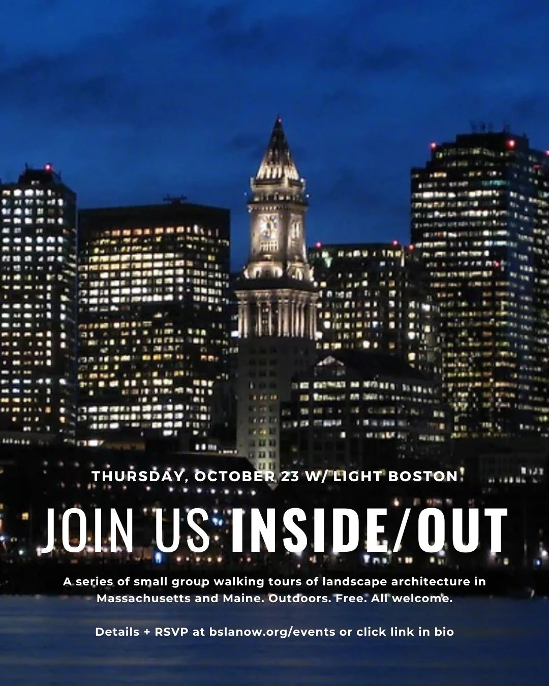 We invite you to a special evening edition of Inside/Out. Join us outside! All are welcome.
Inside/Out: LIGHT Boston 
Thursday, October 23
6:30 - 7:30pm
In person. Free.
💡 Details + RSVP here: https://insideout-lightboston.eventbrite.com
or
at BSL