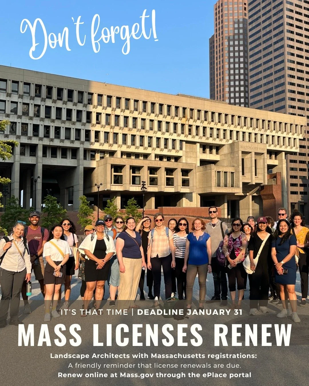 Are you a landscape architect licensed in Massachusetts?

A friendly reminder that it's that time! Annual license renewals are due by January 31. Renewals are online, through Mass.gov's "ePlace portal."

Details are here: https://www.mass.g