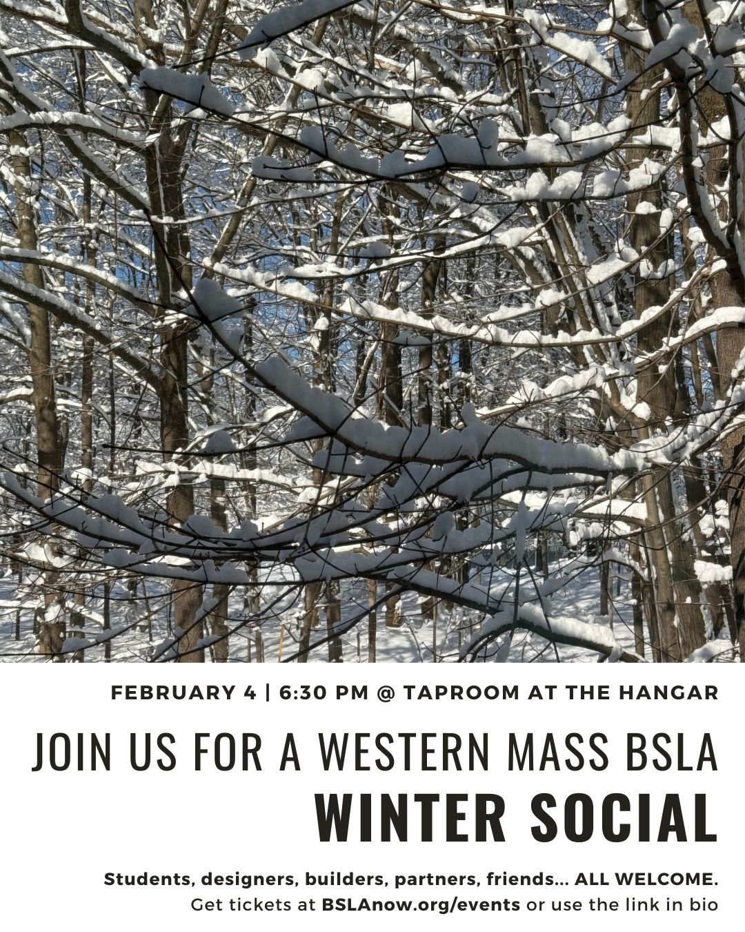 Western Mass... Let's get social!

The Western Mass section of BSLA invites our larger landscape, architecture + design, academic + construction community to join us for a friendly evening to celebrate the winter season as we dive into the spring sem