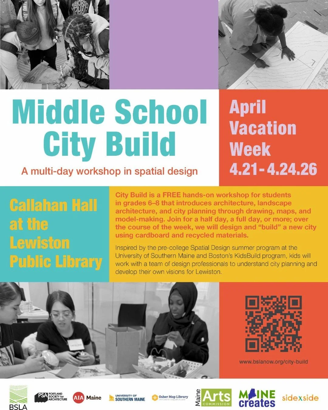 Looking for fun vacation week activities? Want to volunteer? 

Middle School City Build is a FREE hands-on workshop for students in grades 6&ndash;8 that introduces architecture, landscape architecture, and city planning through drawing, maps, and mo