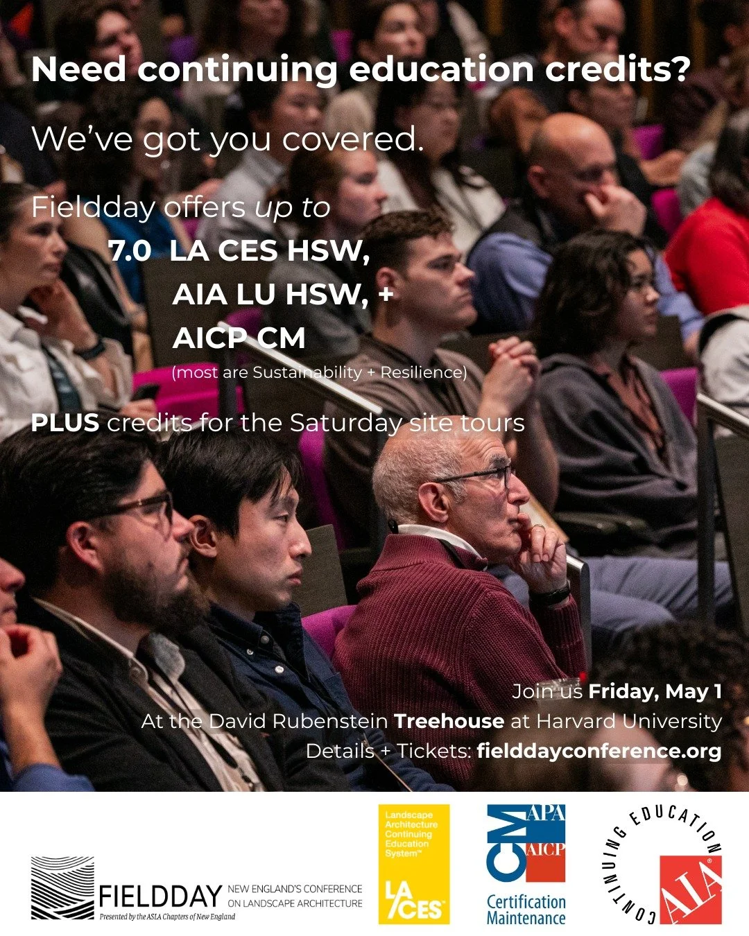 Need continuing education credits? Fieldday offers professional continuing education for landscape architects, planners, and architects. Depending on the workshop sessions chosen, attendees may earn up to 7.0 LA CES HSW 7.0 AIA LU HSW 7.0 AICP CM (mo