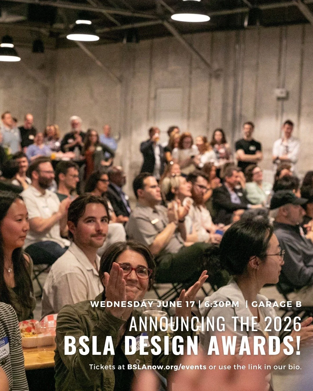 We invite you to a celebration! 

Join us for a festive, almost-summer evening + the announcement of the 2026 BSLA Design Awards -- 

BSLA 2026 Design Awards party 
Wednesday, June 17 
6:30pm reception 
7:30pm awards announced 
at Garage B at the Cha