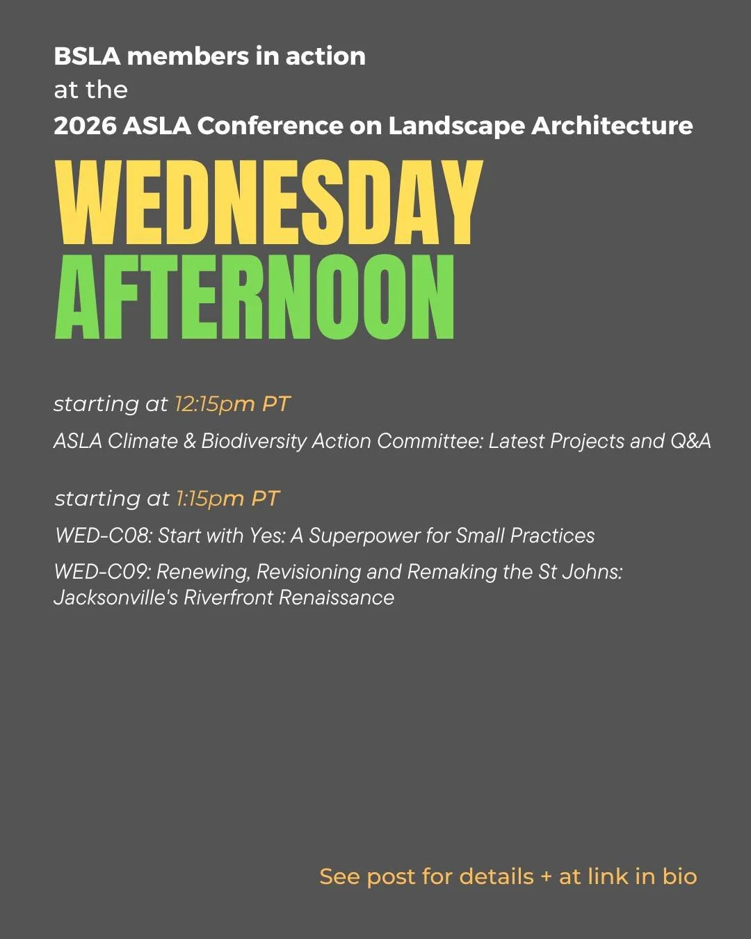 Happening WEDNESDAY AFTERNOON: 

12:15pm - 1:00pm PT 
ASLA Climate &amp; Biodiversity Action Committee: Latest Projects and Q&amp;A 
Location: Los Angeles Convention Center, Practice Basecamp (EXPO) 
Presenter: Laura G. Marett, ASLA - SCAPE @scape_st