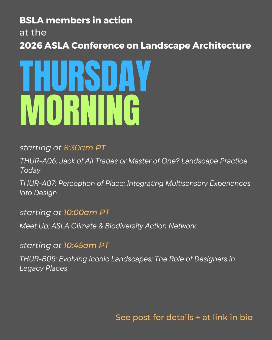 Happening THURSDAY MORNING: 

8:30am - 9:45am PT 
THUR-A06: Jack of All Trades or Master of One? Landscape Practice Today 
Location: Los Angeles Convention Center, Room 152 
Presenter: Jeremy Martin, ASLA - Reed Hilderbrand 
@reedhilderbrand 
. 
8:30