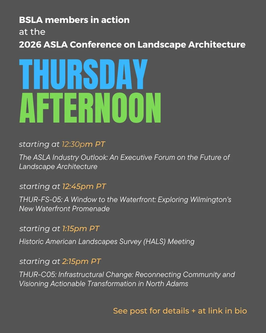 Happening THURSDAY AFTERNOON: 

12:30pm - 1:45pm PT 
The ASLA Industry Outlook: An Executive Forum on the Future of Landscape Architecture 
Location: Practice Basecamp (EXPO) 
Presenter: Gary Hilderbrand, FASLA - Reed Hilderbrand 
@reedhilderbrand 
.