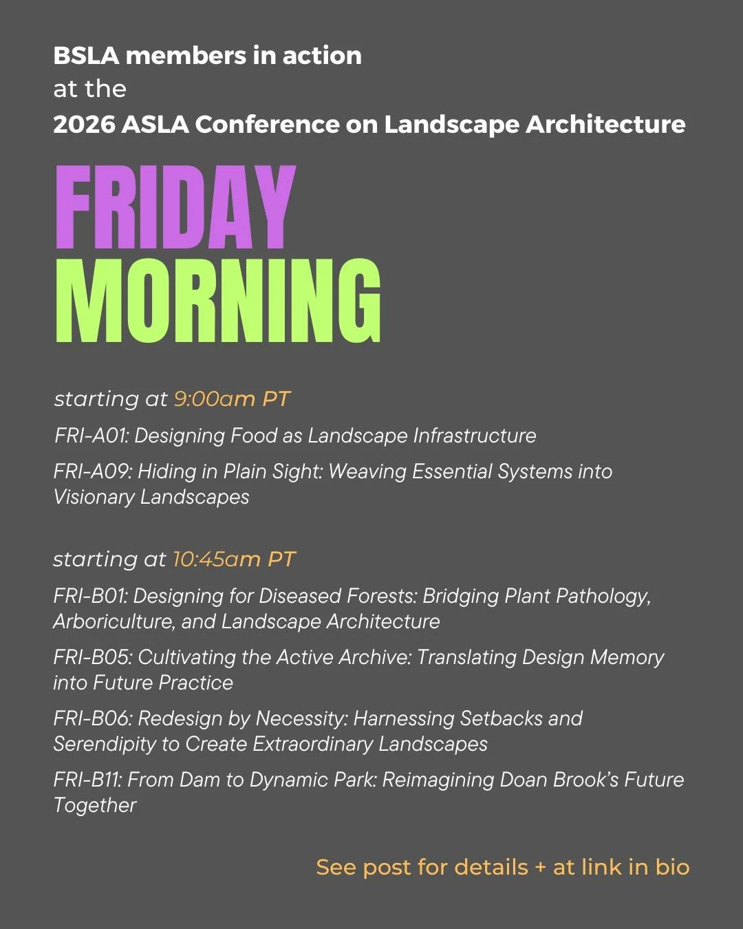 Happening FRIDAY MORNING: 

9:00am - 10:15am PT
FRI-A01: Designing Food as Landscape Infrastructure
Location: Los Angeles Convention Center, Room 515A
Speaker: Ming-Jen Hsueh, ASLA - Sasaki
@sasakidesign
.
9:00am - 10:15am PT
FRI-A09: Hiding in Plain