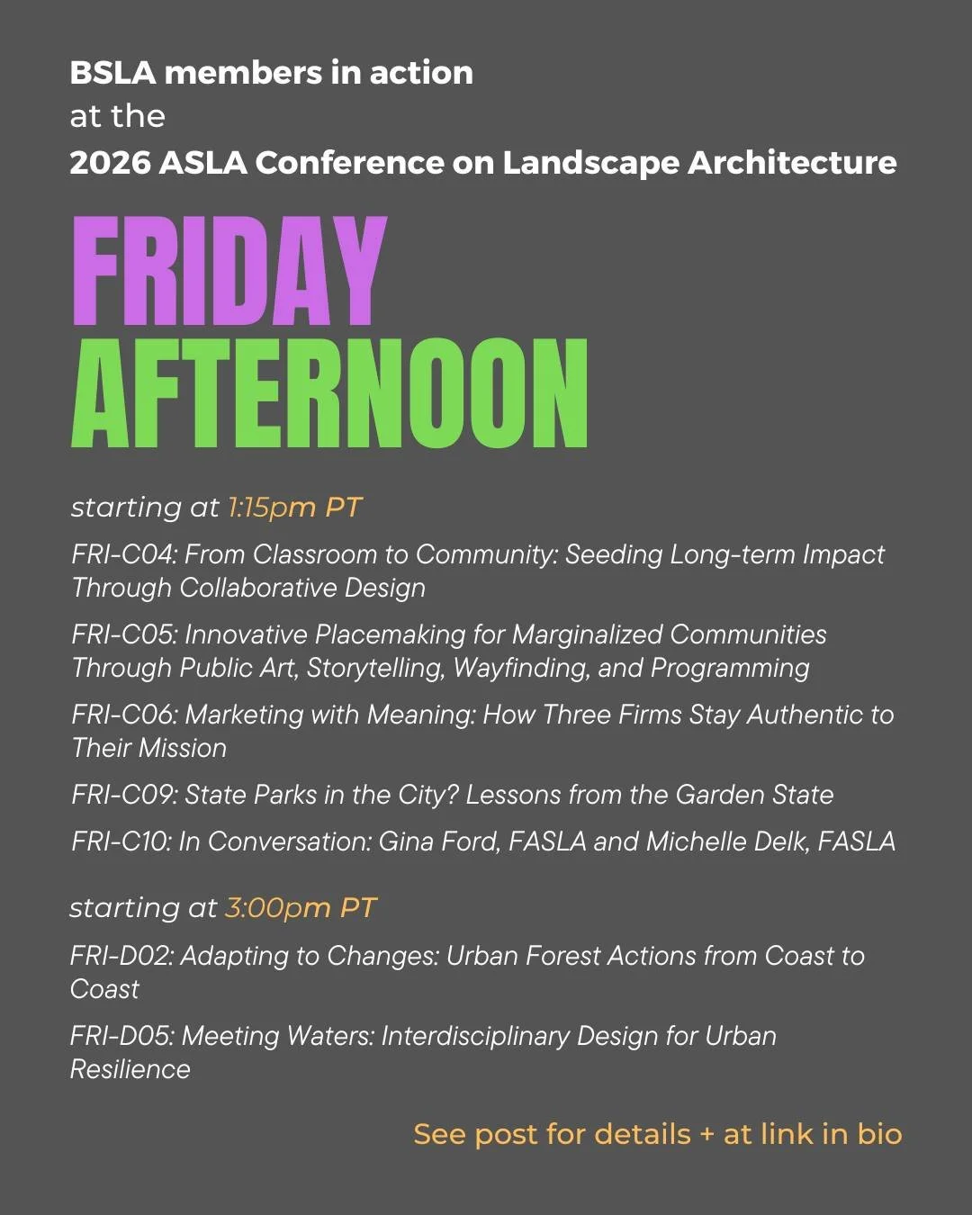 Happening FRIDAY AFTERNOON: 

1:15pm - 2:30pm PT 
FRI-C04: From Classroom to Community: Seeding Long-term Impact Through Collaborative Design 
Location: Los Angeles Convention Center, Room 502A 
Speaker: Brie Hensold, Hon. ASLA - Agency Landscape + P