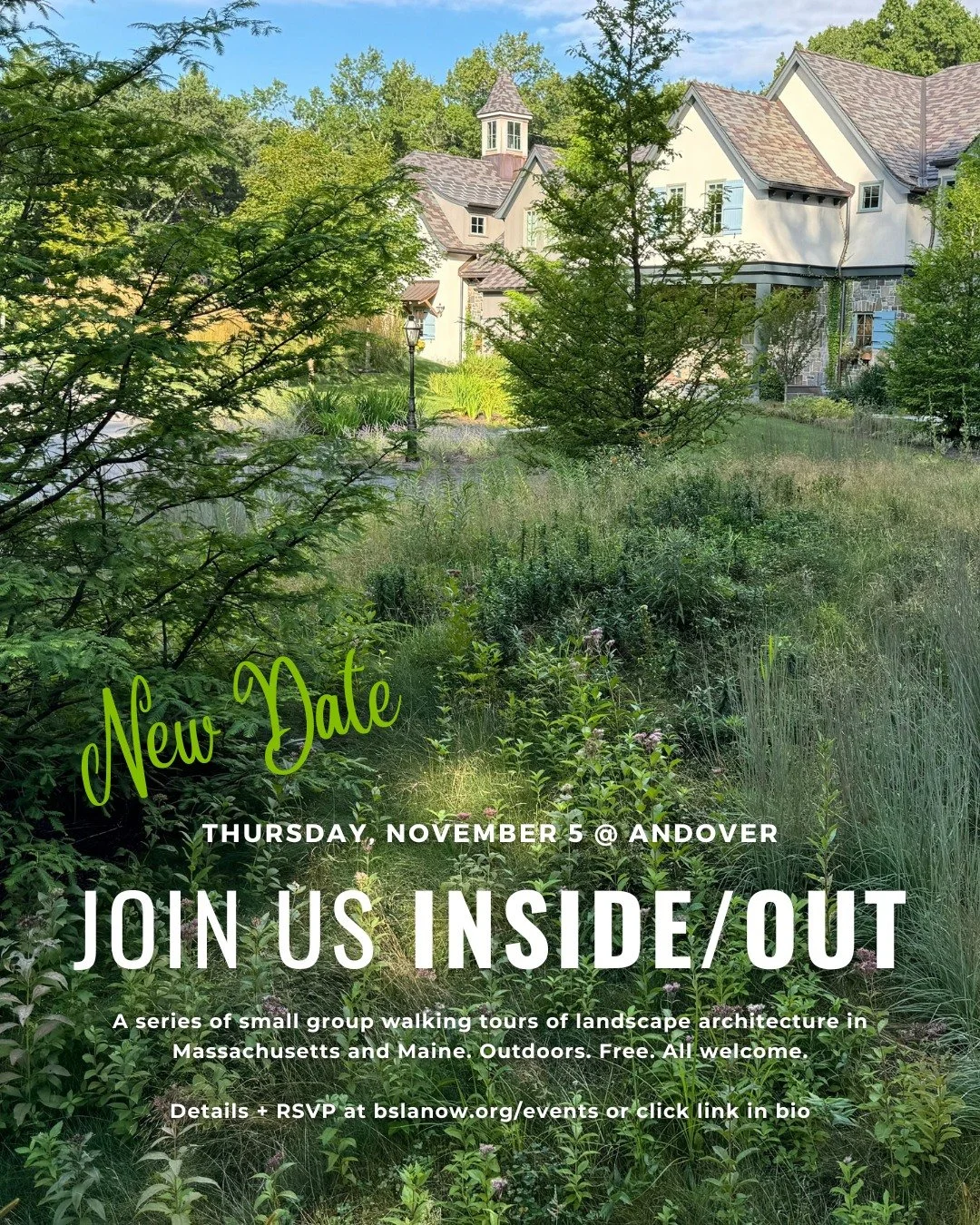 New Date: Thursday 11/5 - Join us outside! 

Our 2026 series continues in Andover, Massachusetts... 

A plants-focused tour of six (!!) new meadows at this unique residential landscape

Inside/Out: Residential Meadows
Thursday, November 5
2 PM - 4 PM