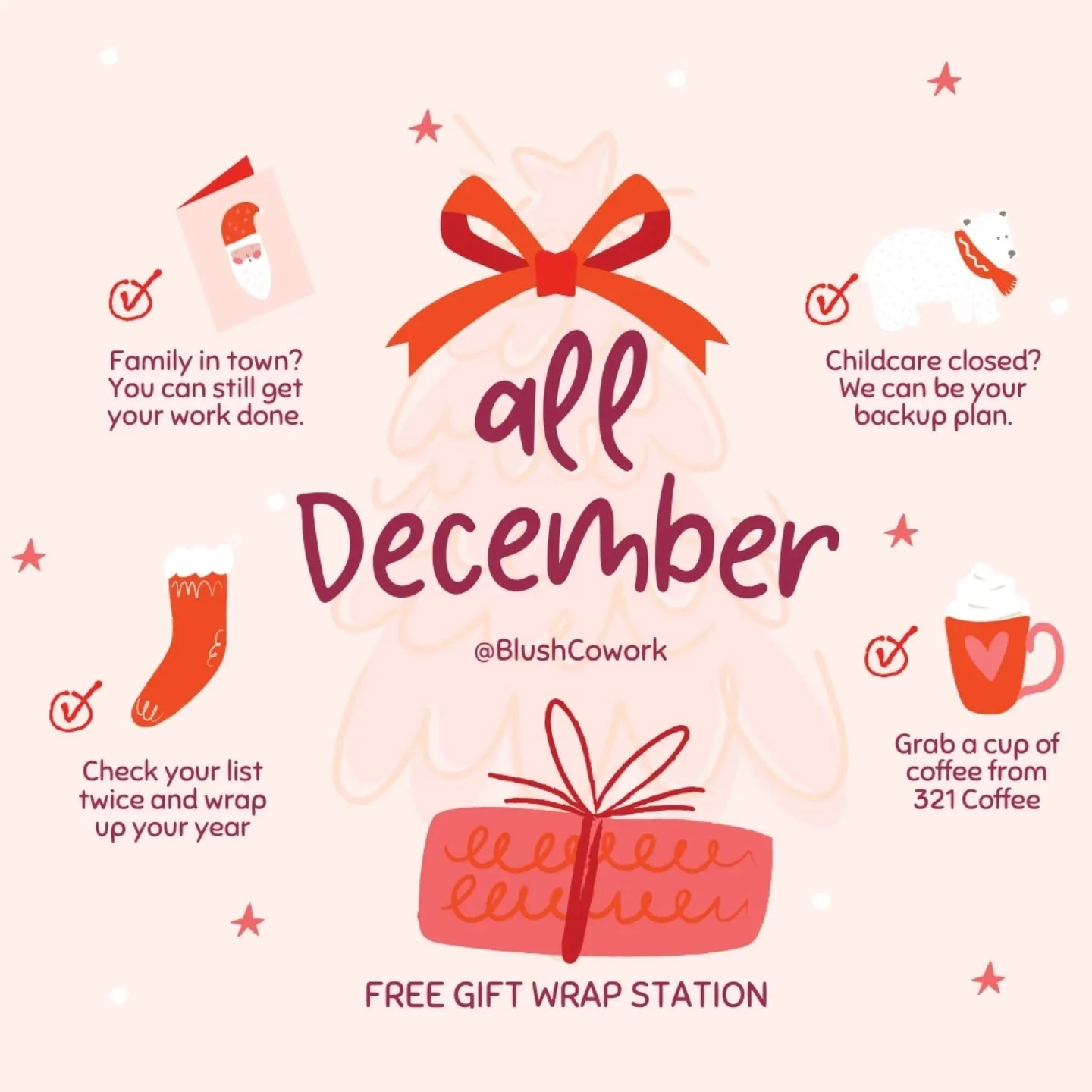 Stop in to Blush anytime this month and take advantage of our gift wrap station! Even if you don't need to stay and work, stop in to wrap and enjoy a hot @drink321coffee on us.

Need more time? Need childcare? Whatever comes up this month -- we have 
