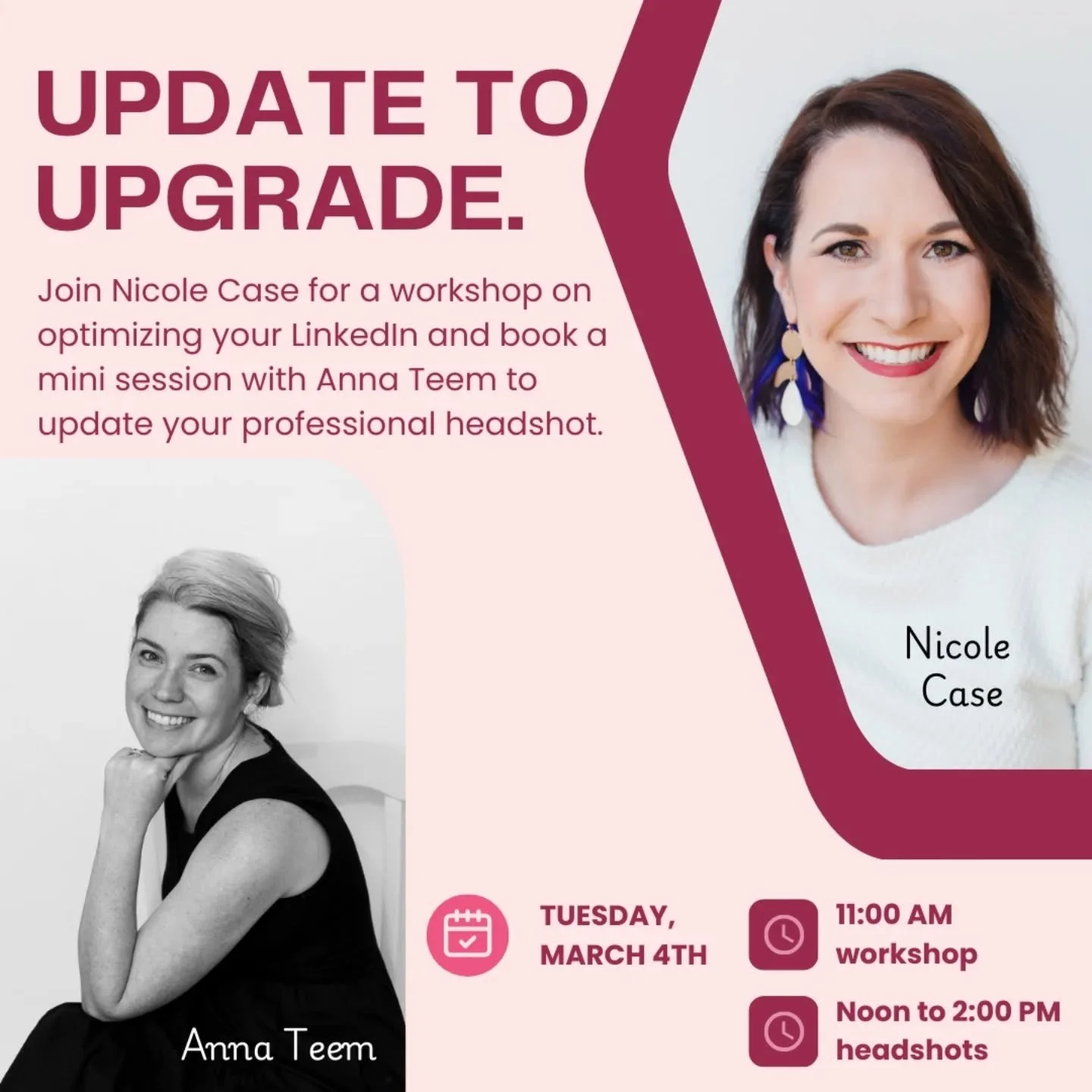 Join us TOMORROW! 
@nicolecasecoaching and @annateemphoto team up to make over your LinkedIn. Signup linked in our story. Make sure to reserve your spot now for this workshop and grab a spot for a headshot mini session!