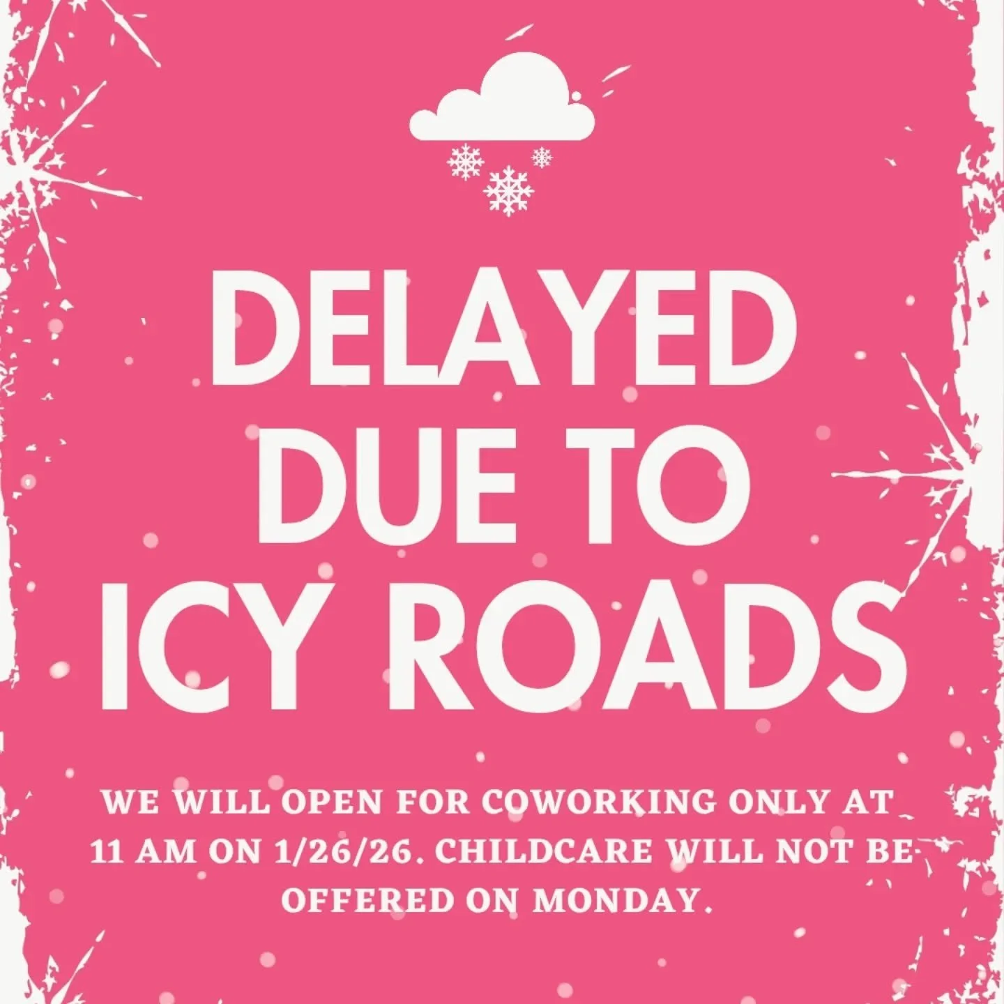 We will be opening tomorrow (1/26) at 11 am for coworking and not offering childcare to make sure that our providers stay safe. Wishing you warmth and we're here if you need a hot cup of coffee, a hot desk and a strong wifi signal.