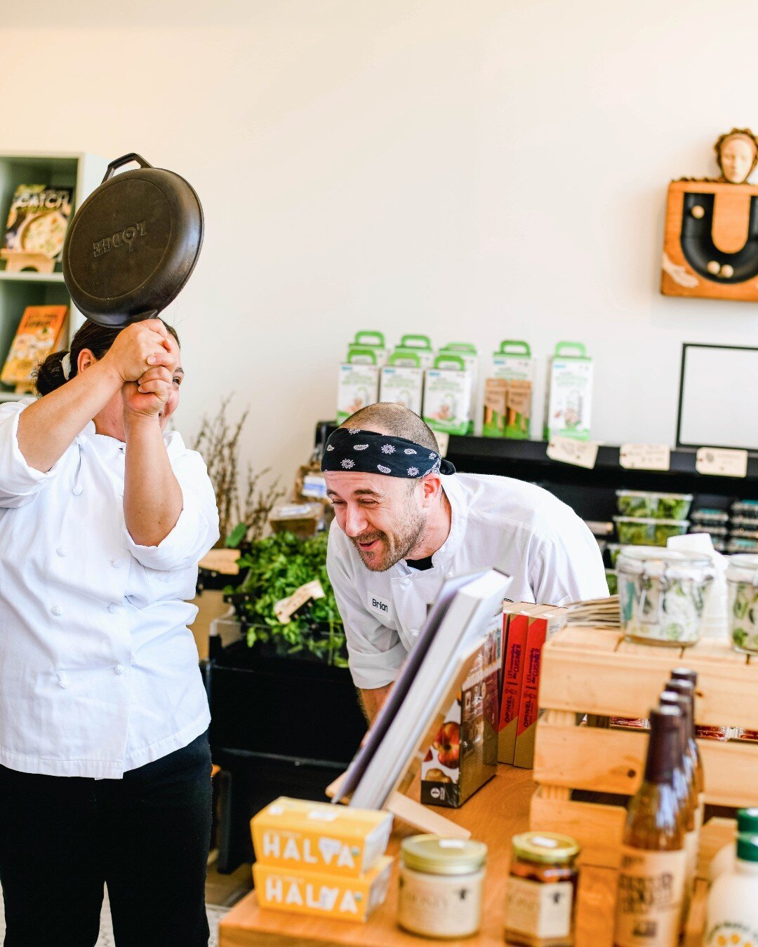 Our lead baker, Odilia, taking out her frustrations on our bakery manager, Brian. Cast iron pans make for effective conflict resolution.