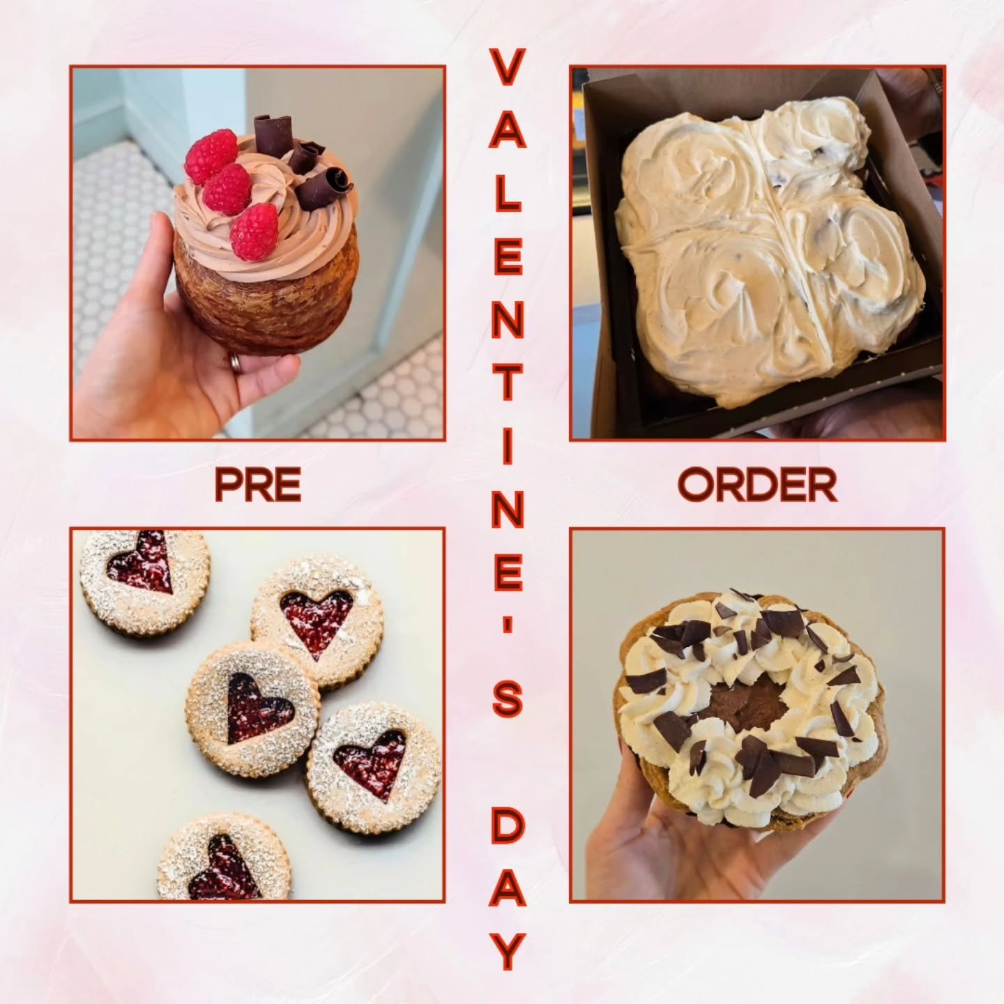 VALENTINE'S DAY PRE ORDER IS LIVE

You can pre Order for any day 2/6 through 2/16
Products include:
&bull; Shortbread Sandwich Cookies 
&bull; Chocolate Mousse Nest
&bull; Chocolate Cream Pie
&bull; Cinnamon Buns (4 pack)

Order through our website
&