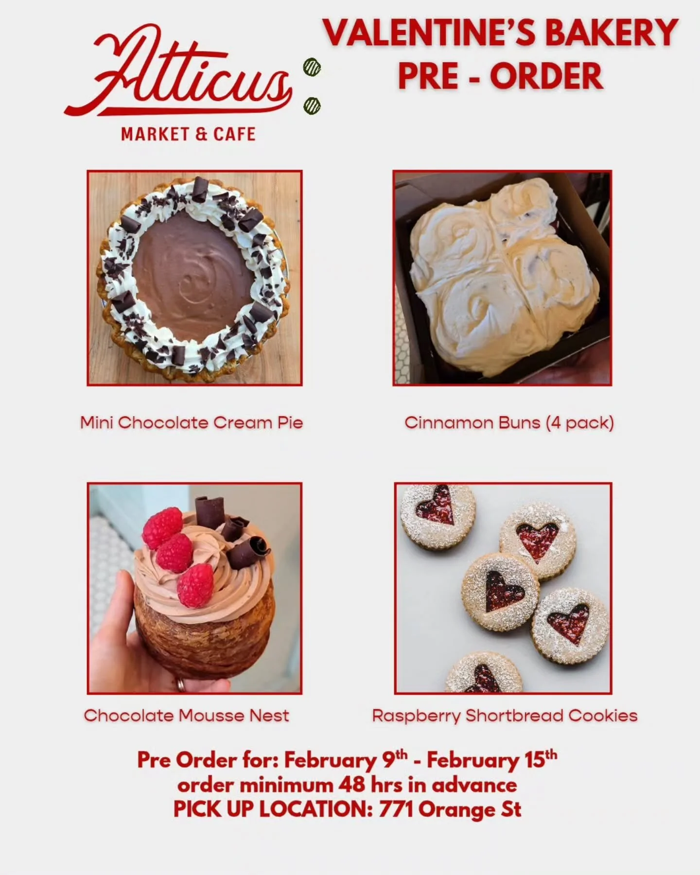 VALENTINE'S PRE ORDER IS HERE 💕💕

Reserve your tasty treats now!

https://www.toasttab.com/catering/atticus-market-771-orange-st

#cteats #ctbakes #ctbites #ctcafe