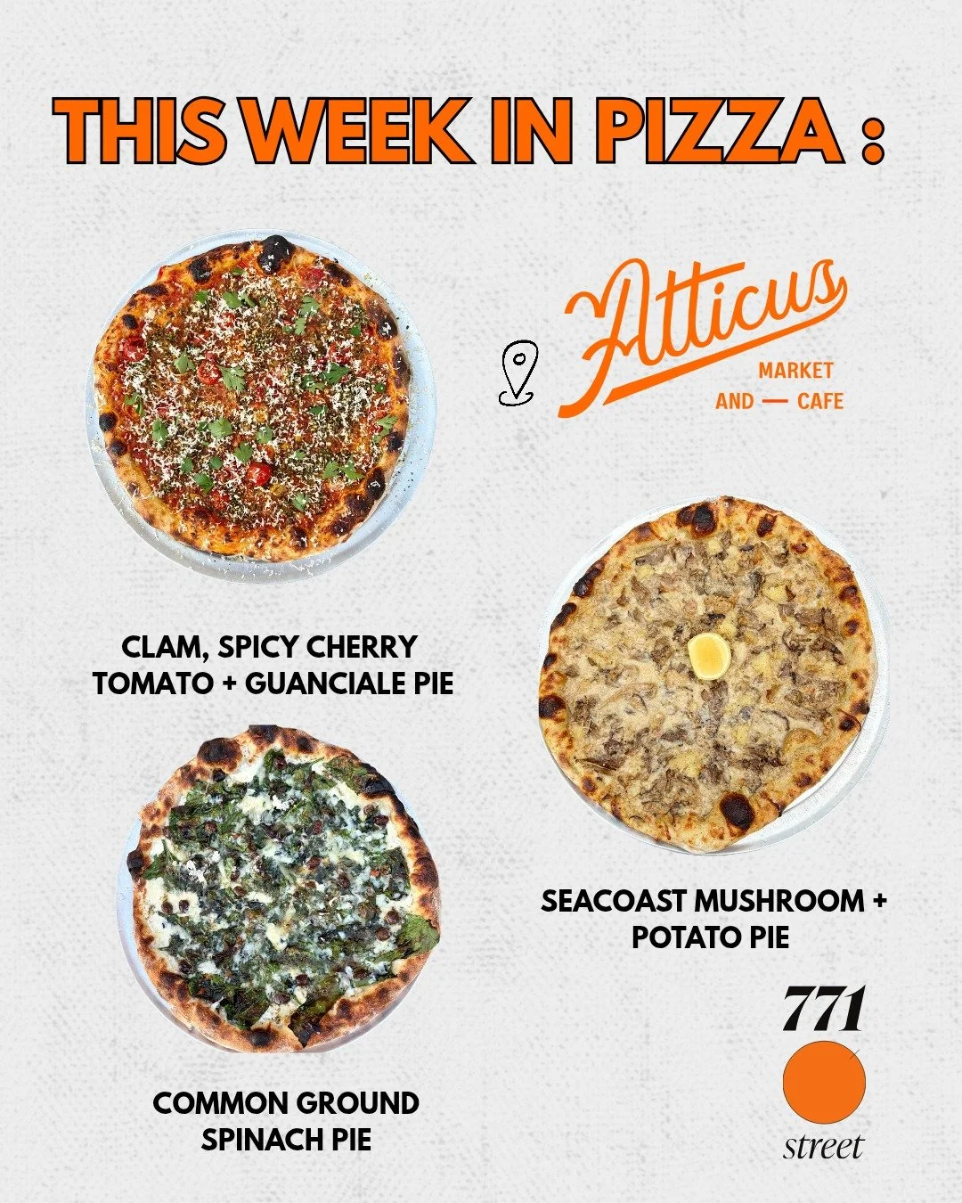 This week in pizza ⏫️

Pizza Hours

&bull; Wednesday: 3 PM &ndash; 8 PM ($10 cheese pies)

&bull; Thursday: 3 PM &ndash; 9 PM

&bull; Friday: 3 PM &ndash; 9 PM

&bull; Saturday: 3 PM &ndash; 8 PM

Online ordering will open at 3 pm. The menu will not 