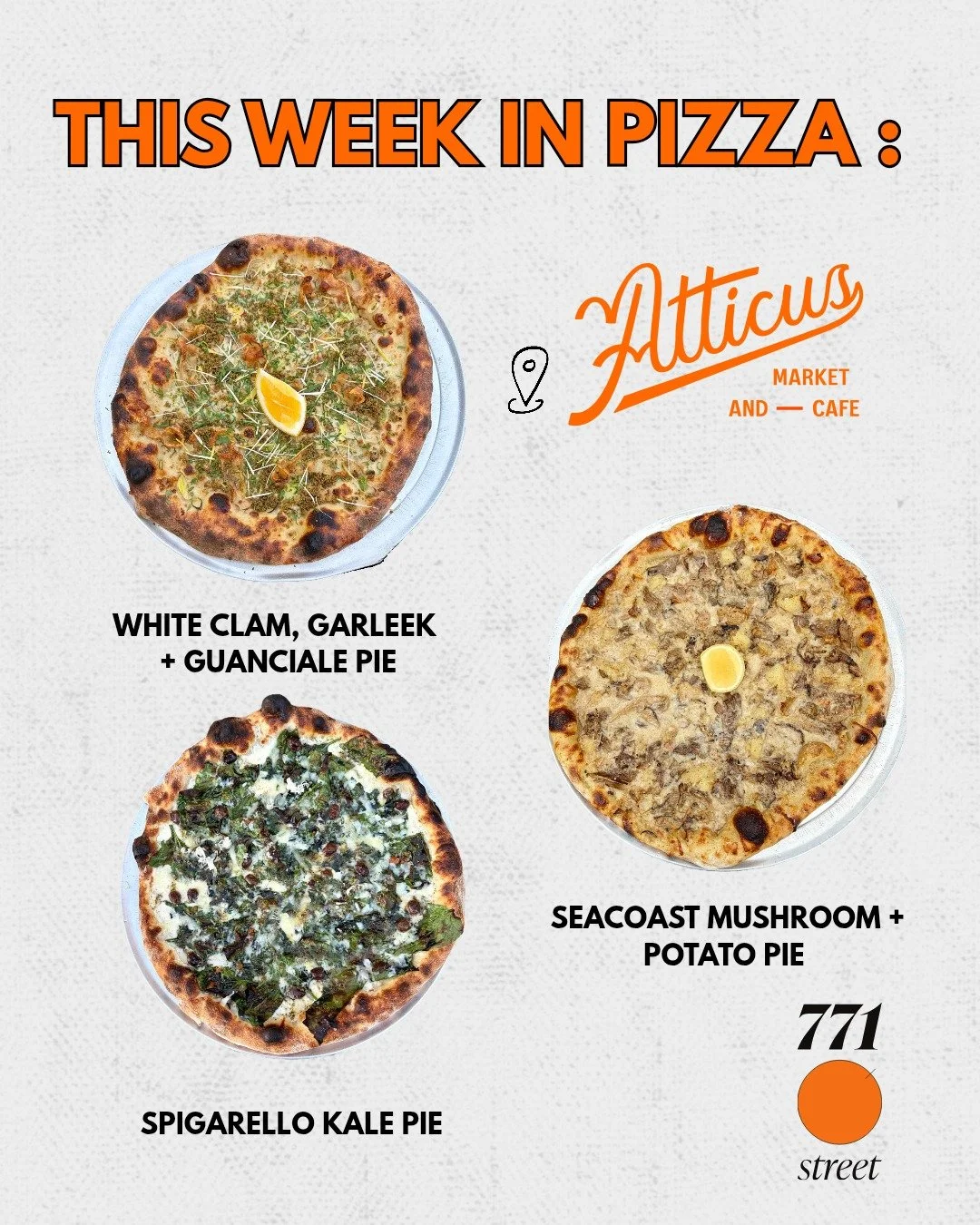This week in pizza ⏫️

Pizza Hours

&bull; Wednesday: 3 PM &ndash; 8 PM ($10 cheese pies)

&bull; Thursday: 3 PM &ndash; 9 PM

&bull; Friday: 3 PM &ndash; 9 PM

&bull; Saturday: 3 PM &ndash; 8 PM

Online ordering will open at 3 pm. The menu will not 