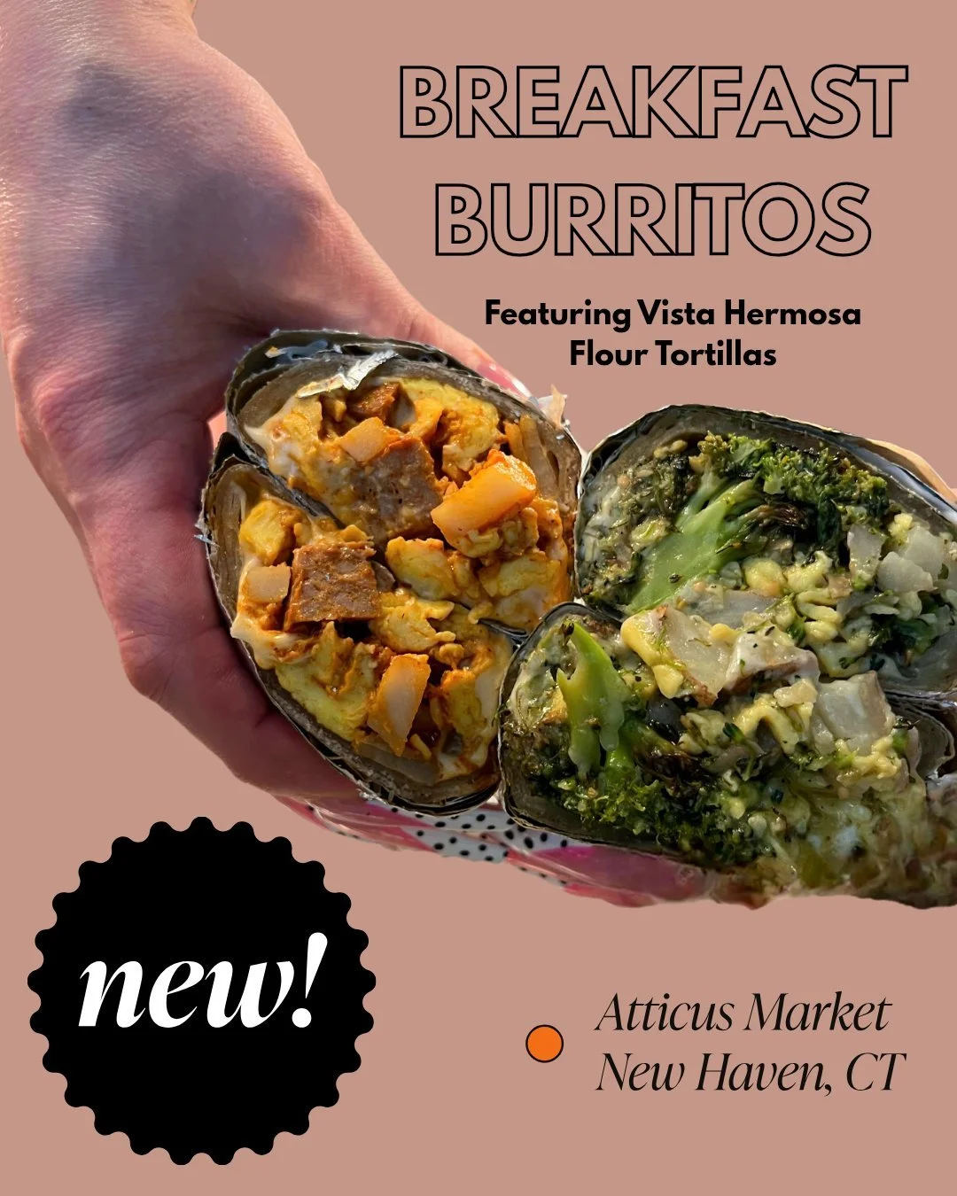 New to the hot case ✨️

Chorizo Breakfast Burrito 🍳🥔🌯

scrambled egg, pork chorizo, potato, american cheese, chipotle cremosa, @Vistahermosaproducts flour tortilla

Broccoli &amp; Salsa Verde Breakfast Burrito 🥦🥔🌯

scrambled egg, potato, Americ