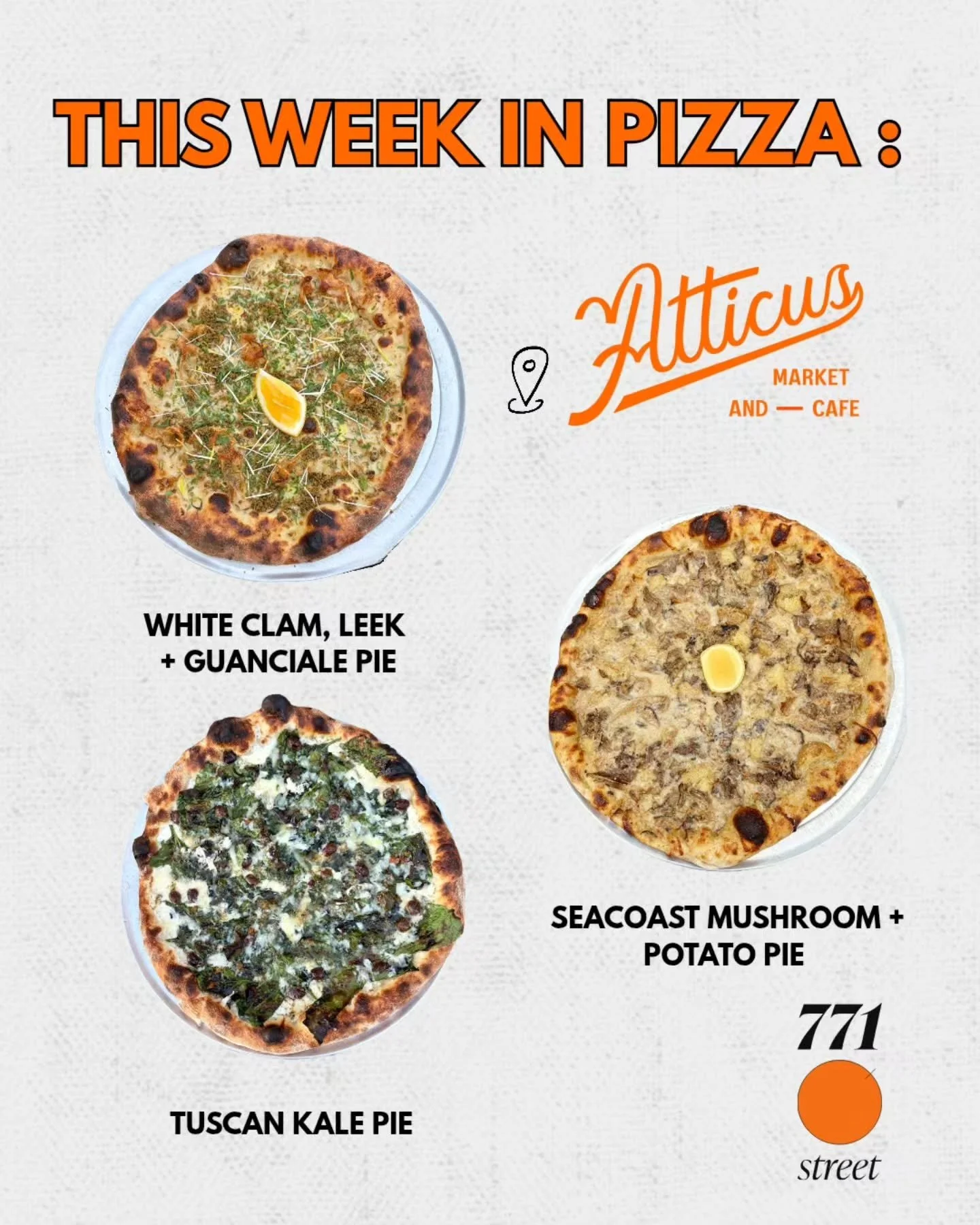 This week in pizza ⏫️

Pizza Hours

&bull; Wednesday: 3 PM &ndash; 8 PM ($10 cheese pies)

&bull; Thursday: 3 PM &ndash; 9 PM

&bull; Friday: 3 PM &ndash; 9 PM

&bull; Saturday: 3 PM &ndash; 8 PM

Online ordering will open at 3 pm. The menu will not 