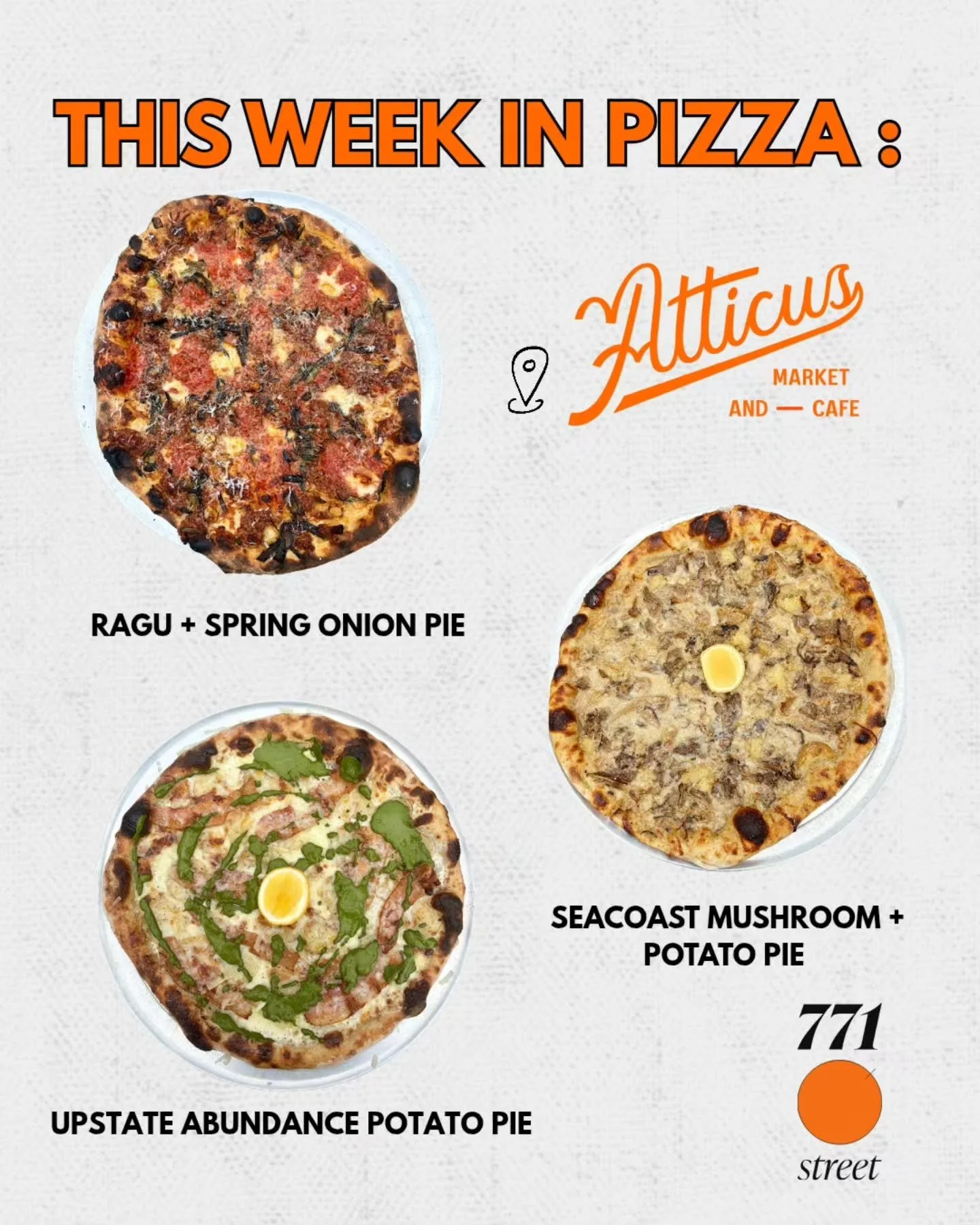 This week in pizza ⏫️

Pizza Hours

&bull; Wednesday: 3 PM &ndash; 8 PM ($10 cheese pies)

&bull; Thursday: 3 PM &ndash; 9 PM

&bull; Friday: 3 PM &ndash; 9 PM

&bull; Saturday: 3 PM &ndash; 8 PM

Online ordering will open at 3 pm. The menu will not 