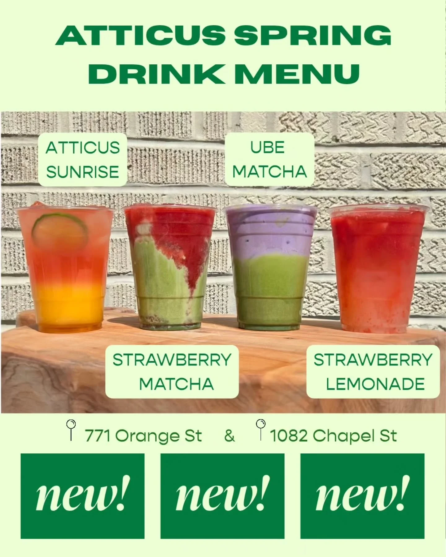 New to the menu this spring:

New to the menu in the world of ☕️🍵🍹
** from left to right **

🍊🍑ATTICUS SUNRISE ICED TEA
A refreshing mix of blood orange iced tea, OJ and lime juice with an apricot syrup float. 

🍓🍵STRAWBERRY MATCHA
A creamy, li