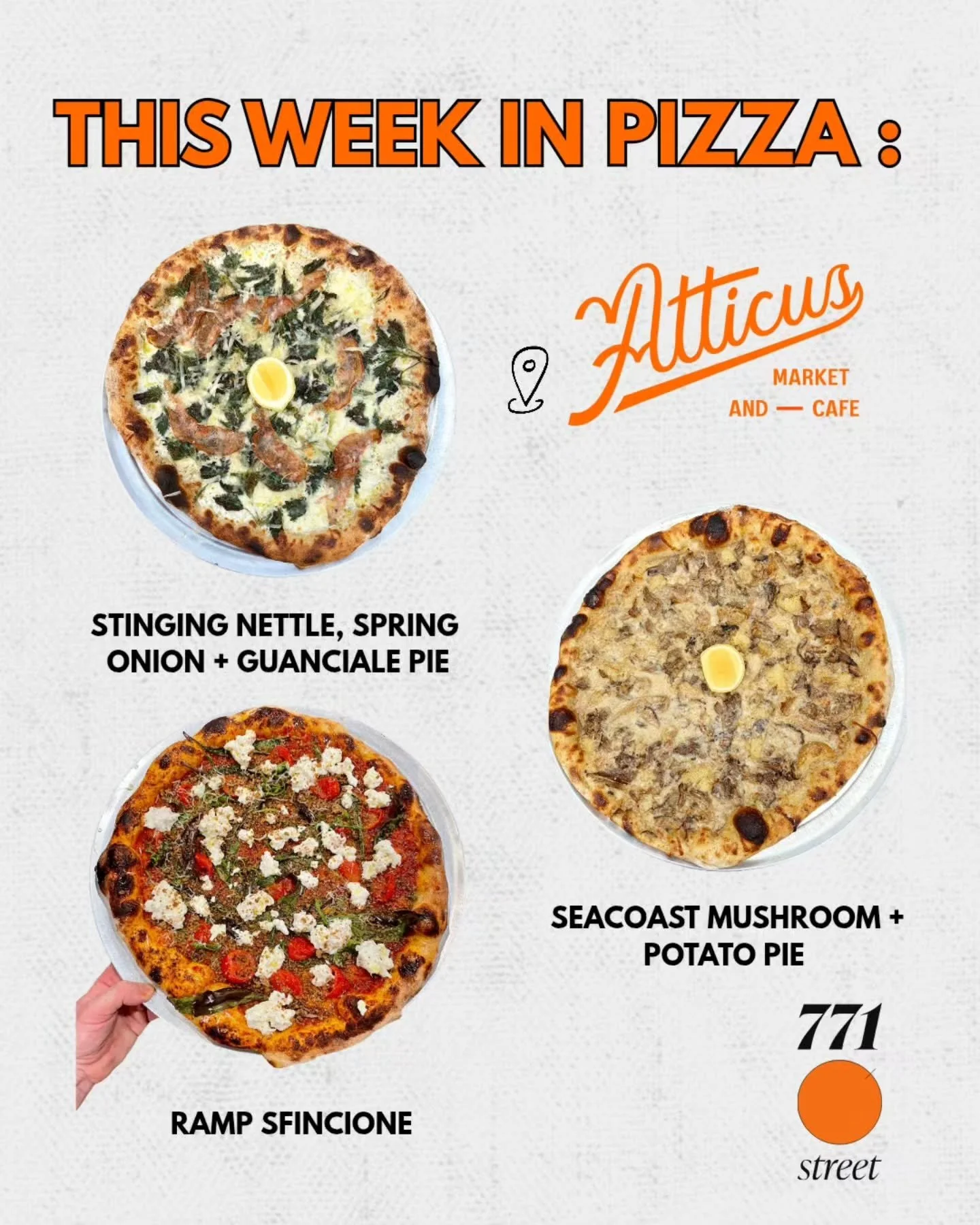 This week in pizza ⏫️

Pizza Hours

&bull; Wednesday: 3 PM &ndash; 8 PM ($10 cheese pies)

&bull; Thursday: 3 PM &ndash; 9 PM

&bull; Friday: 3 PM &ndash; 9 PM

&bull; Saturday: 3 PM &ndash; 8 PM

Online ordering will open at 3 pm. The menu will not 