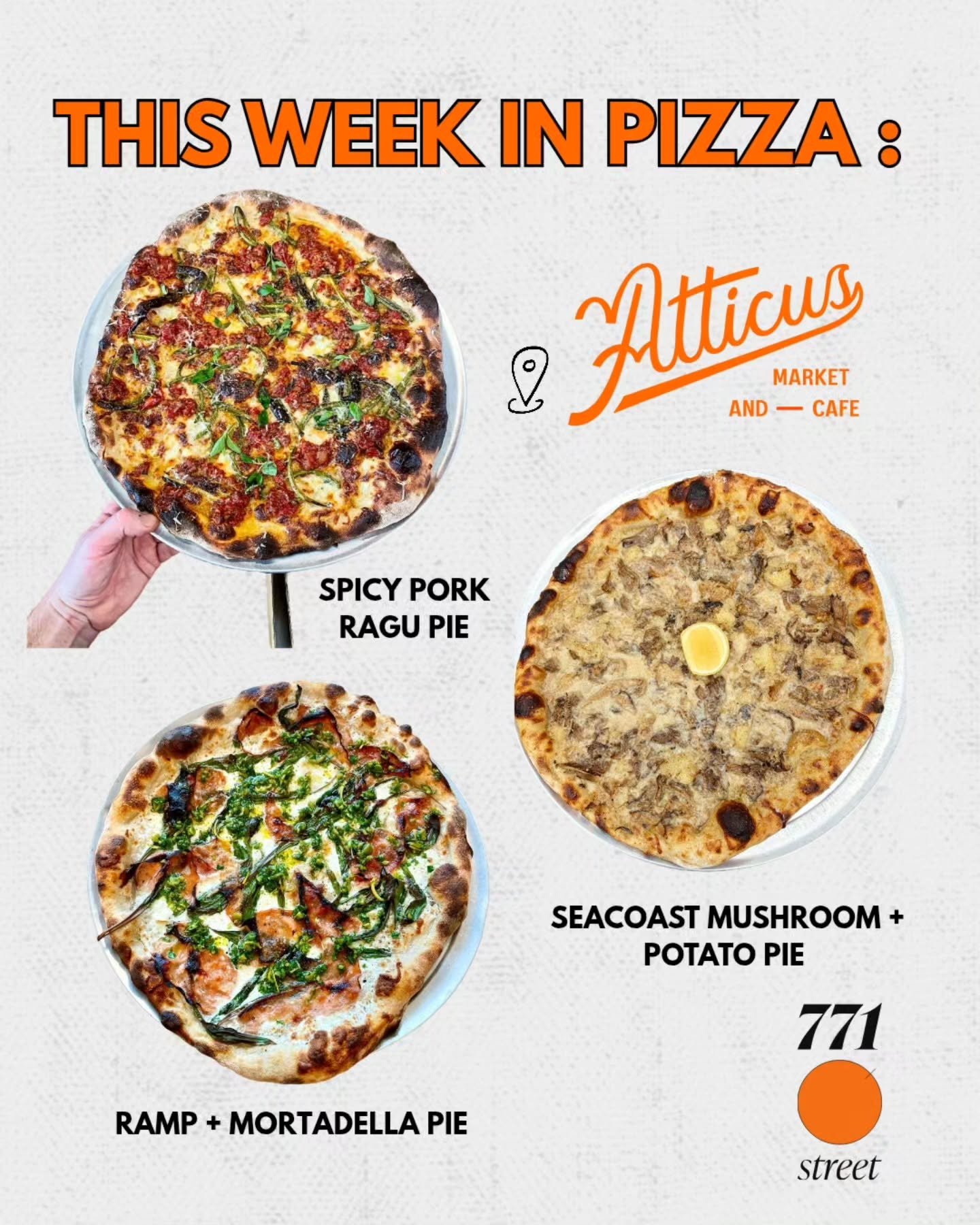 This week in pizza ⏫️

Pizza Hours

&bull; Wednesday: 3 PM &ndash; 8 PM ($10 cheese pies)
&bull; Thursday: 3 PM &ndash; 9 PM
&bull; Friday: 3 PM &ndash; 9 PM
&bull; Saturday: 3 PM &ndash; 8 PM

Online ordering will open at 3 pm. The menu will not app