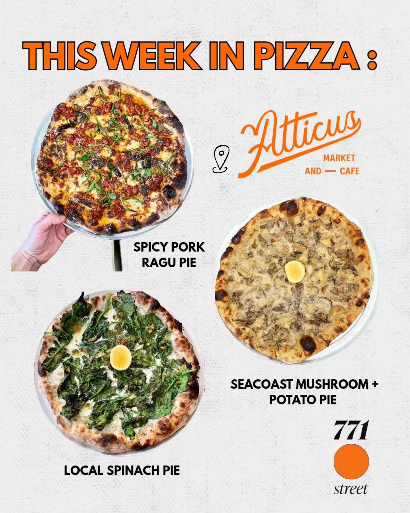 This week in pizza ⏫️

Pizza Hours

&bull; Wednesday: 3 PM &ndash; 8 PM ($10 cheese pies)
&bull; Thursday: 3 PM &ndash; 9 PM
&bull; Friday: 3 PM &ndash; 9 PM
&bull; Saturday: 3 PM &ndash; 8 PM

Online ordering will open at 3 pm. The menu will not app