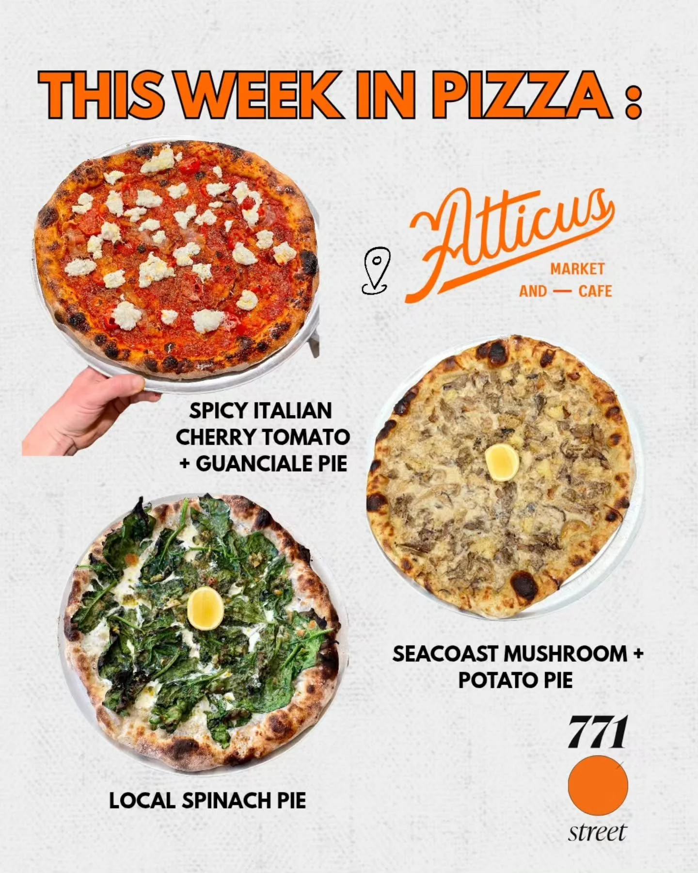This week in pizza ⏫️

Pizza Hours

&bull; Wednesday: 3 PM &ndash; 8 PM ($10 cheese pies)
&bull; Thursday: 3 PM &ndash; 9 PM
&bull; Friday: 3 PM &ndash; 9 PM
&bull; Saturday: 3 PM &ndash; 8 PM

Online ordering will open at 3 pm. The menu will not app