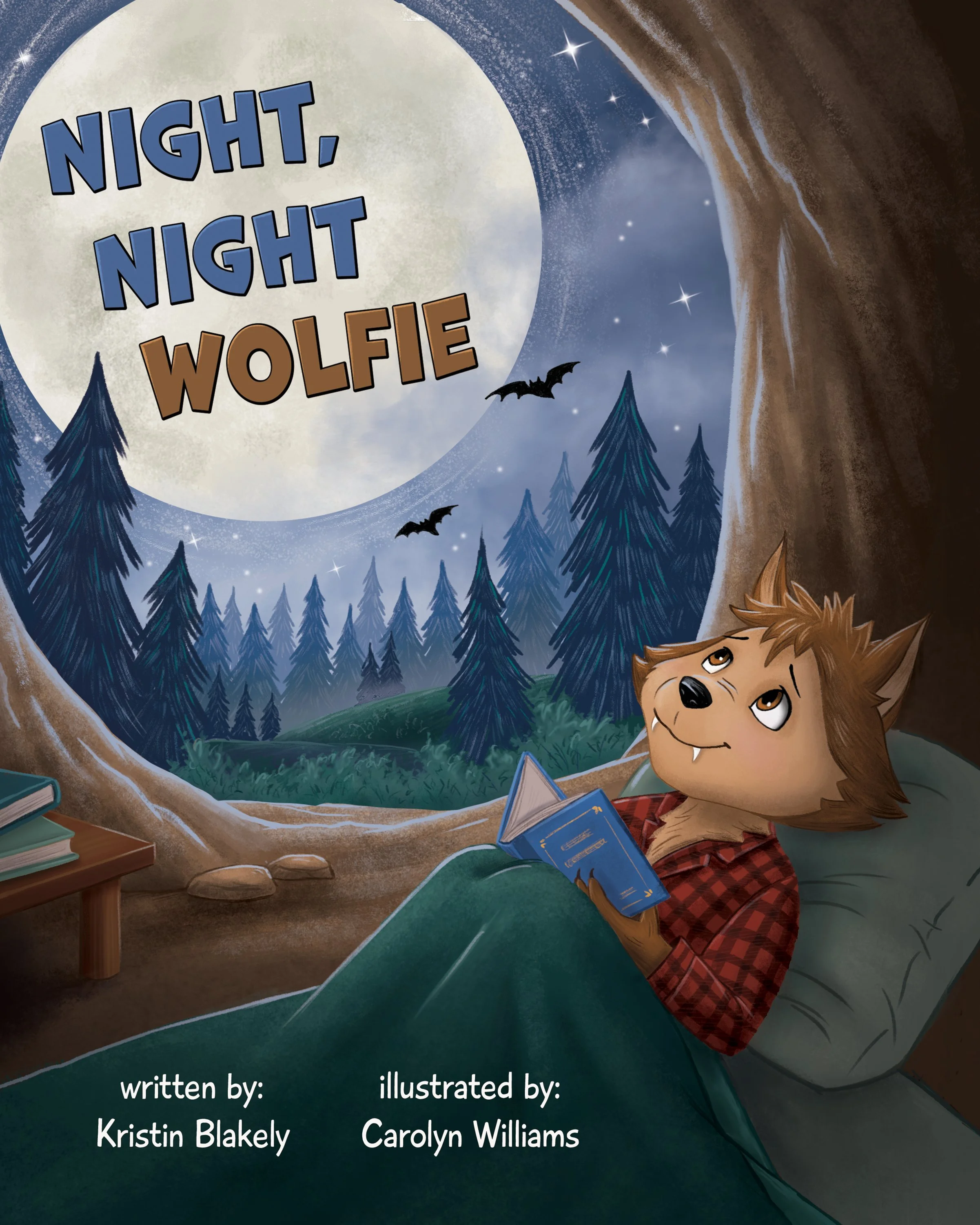 An illustration of a wolf cartoon character lying in bed, reading a book, inside a cozy den with large circular opening. Outside, there are tall pine trees and a full moon with a clear sky and stars. Bats are flying in the sky. The book cover shows the title 'Night, Night Wolfie'.