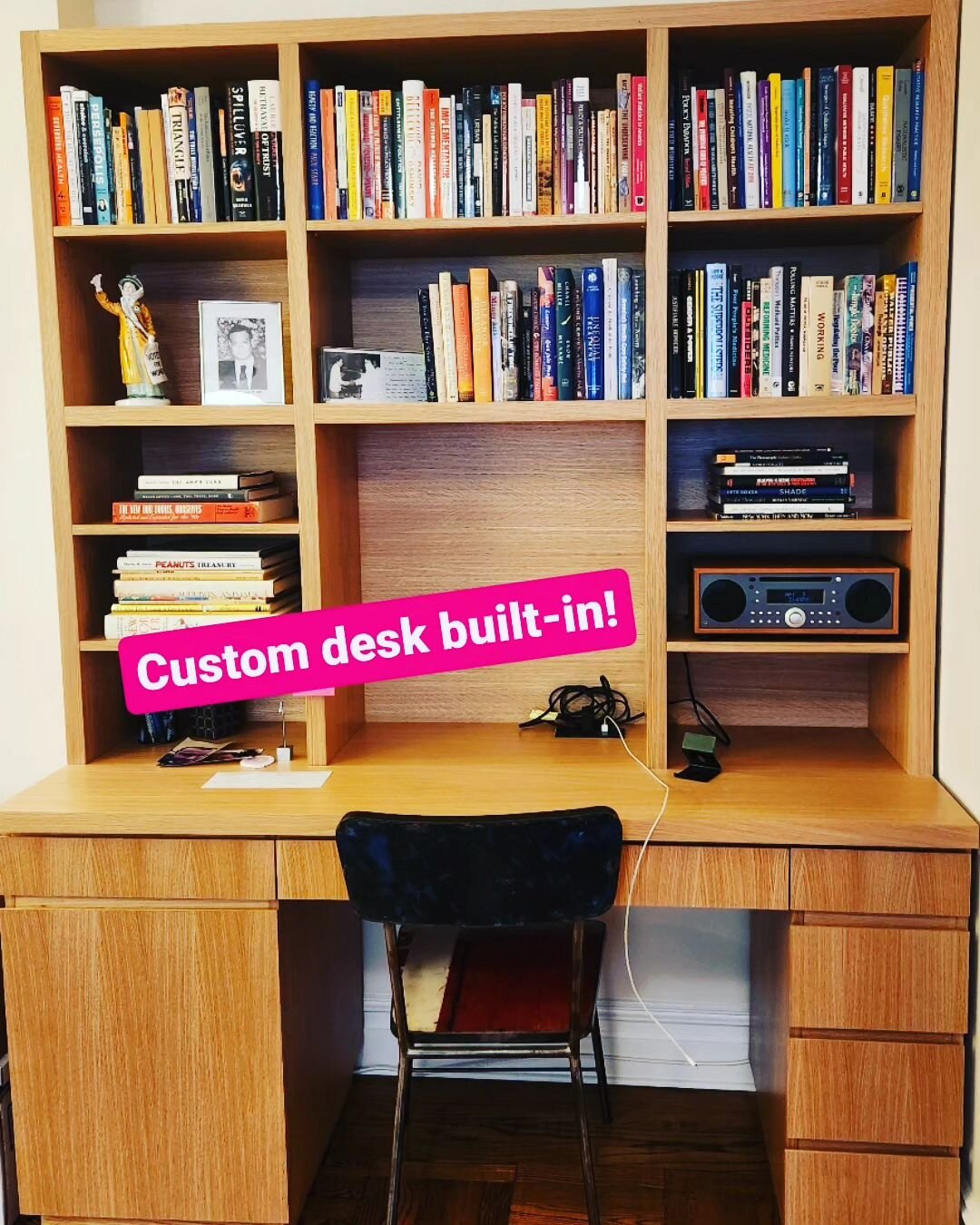 Custom desk built-in for my client is completed! We matched the same design and white oak as their living room built-in. Must have&rsquo;s were custom cubbies for their vintage radio, built-in outlets on desktop, printer cabinet and bonus storage👍 F