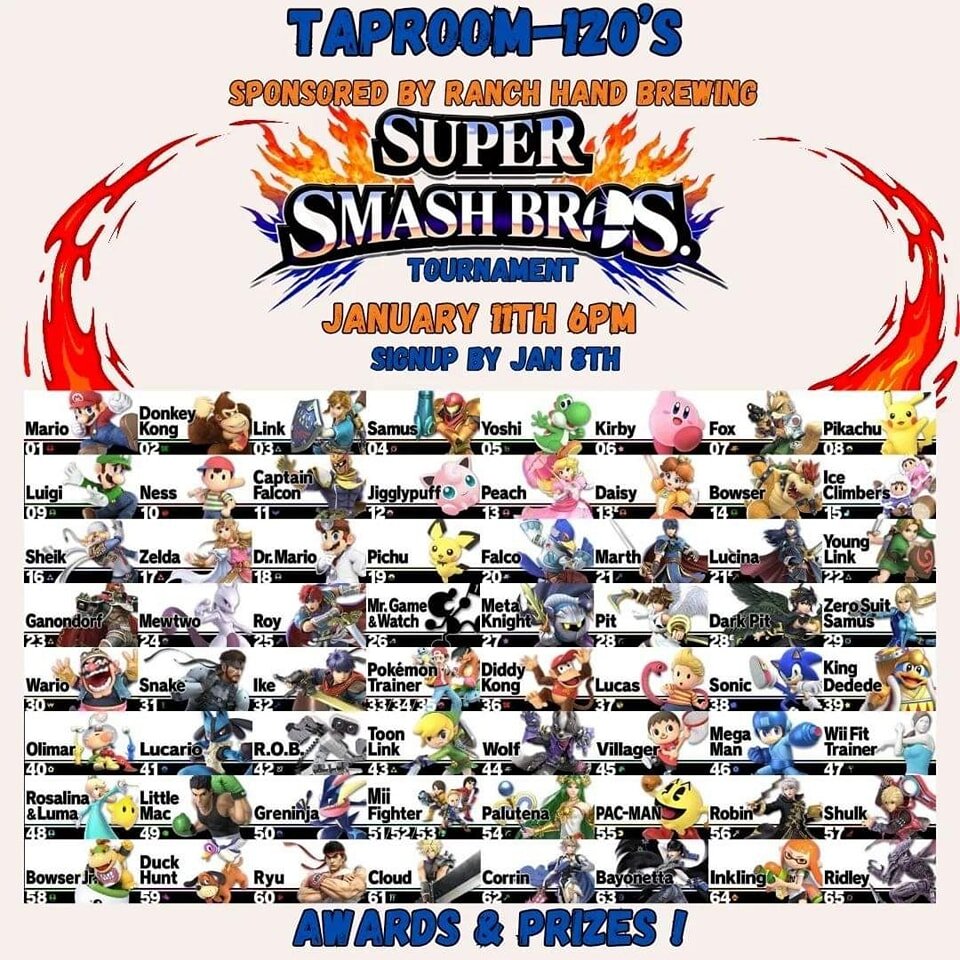 This week in Phoenix we will have 2 events.

Starting out on Thursday at Taproom-120 we will have our 2nd Super Smash Brothers Ultimate Tournament! Please reach out to them with which character you would like to play as.

On Friday we will be samplin