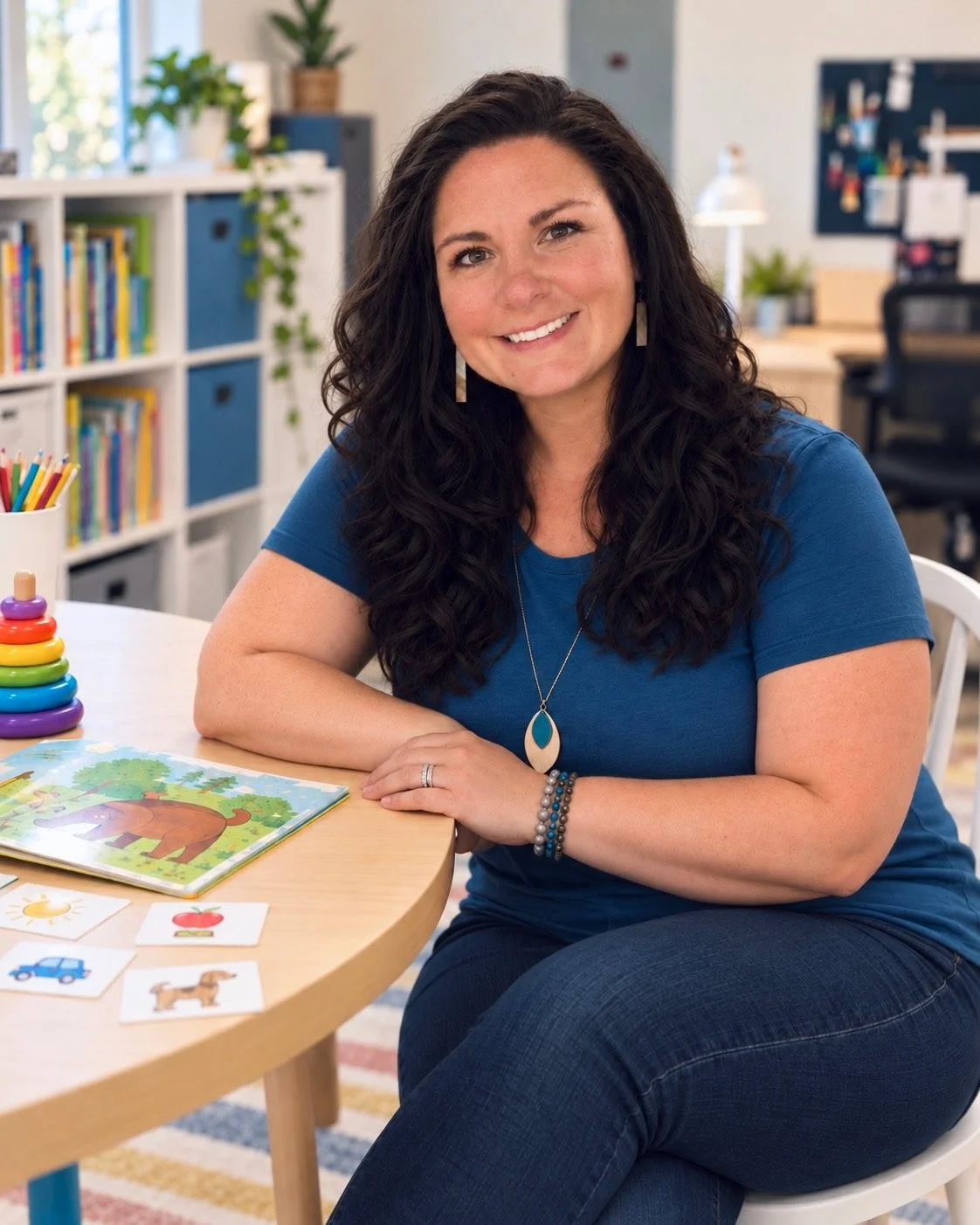 A woman with long dark curly hair smiling while sitting at a light wooden table in a colorful classroom or library. She is wearing a blue shirt, silver necklace, earrings, and bracelets, with educational toys, books, and picture cards on the table.