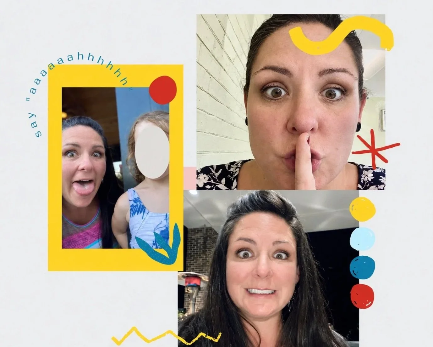 Collage of three women with various expressions, decorative elements, and a polaroid-style frame with a photo of two women, one sticking out her tongue, and the other with face obscured.
