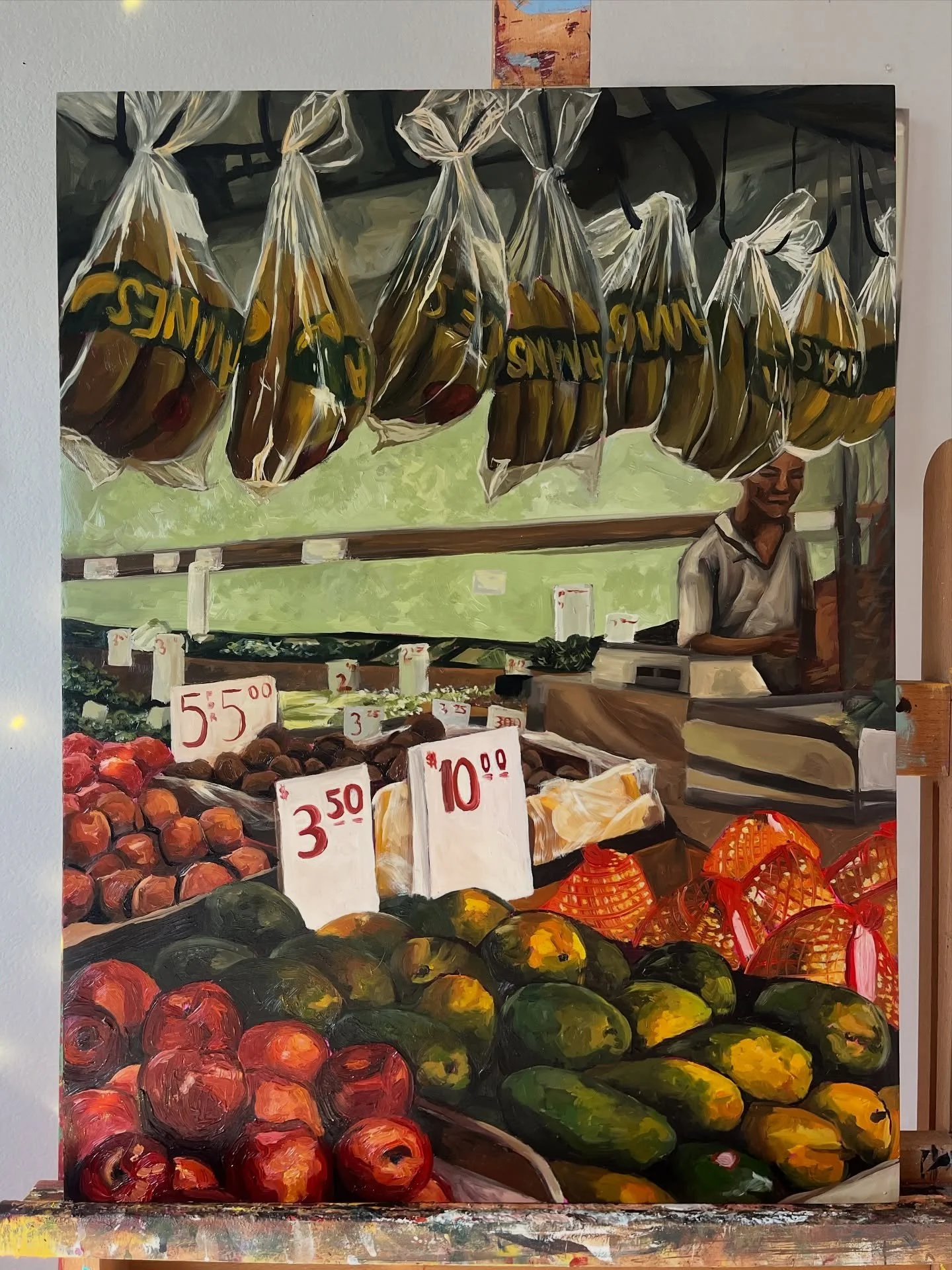 next up on my agenda is painting more fruit 🍊🍋🍇🍌🥭🫐🍅

this piece will be up for sale soon &amp; on display this weekend at @2324atx :D