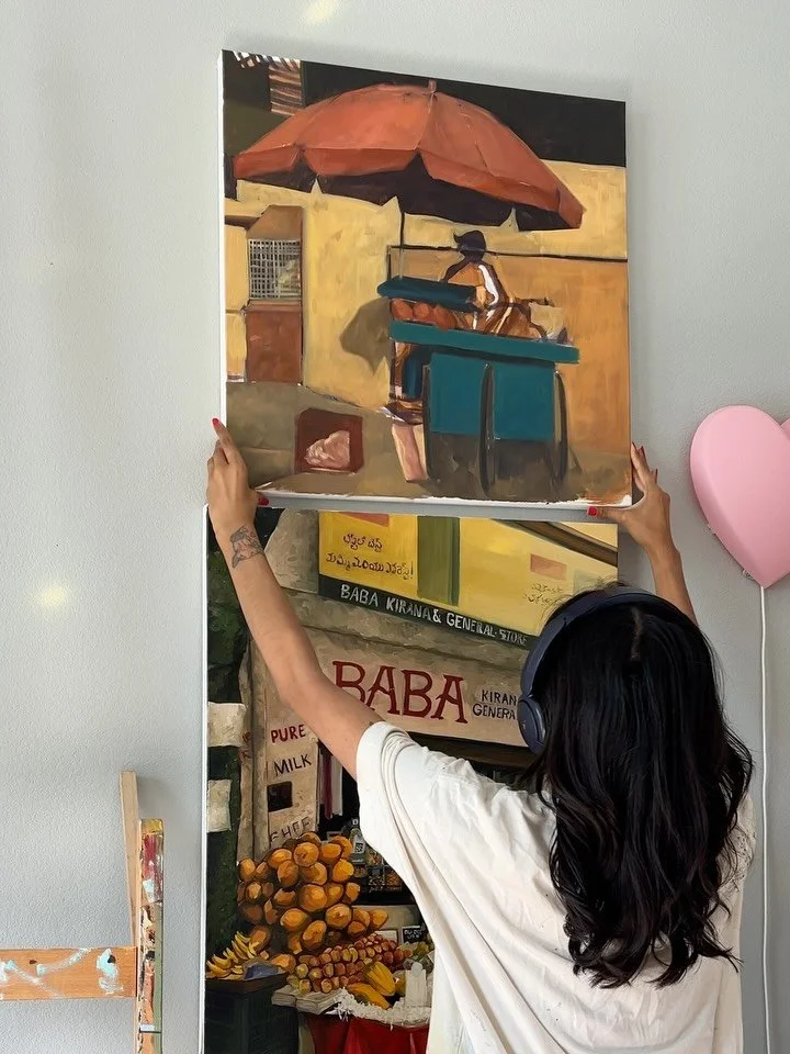 spring in the studio! new paintings are returning to the walls! 🌱🤩 

my current work stems from my recent trip to Bangalore &amp; the amount of life &amp; color on the streets. i couldn&rsquo;t stop thinking about the cultural context &amp; factors
