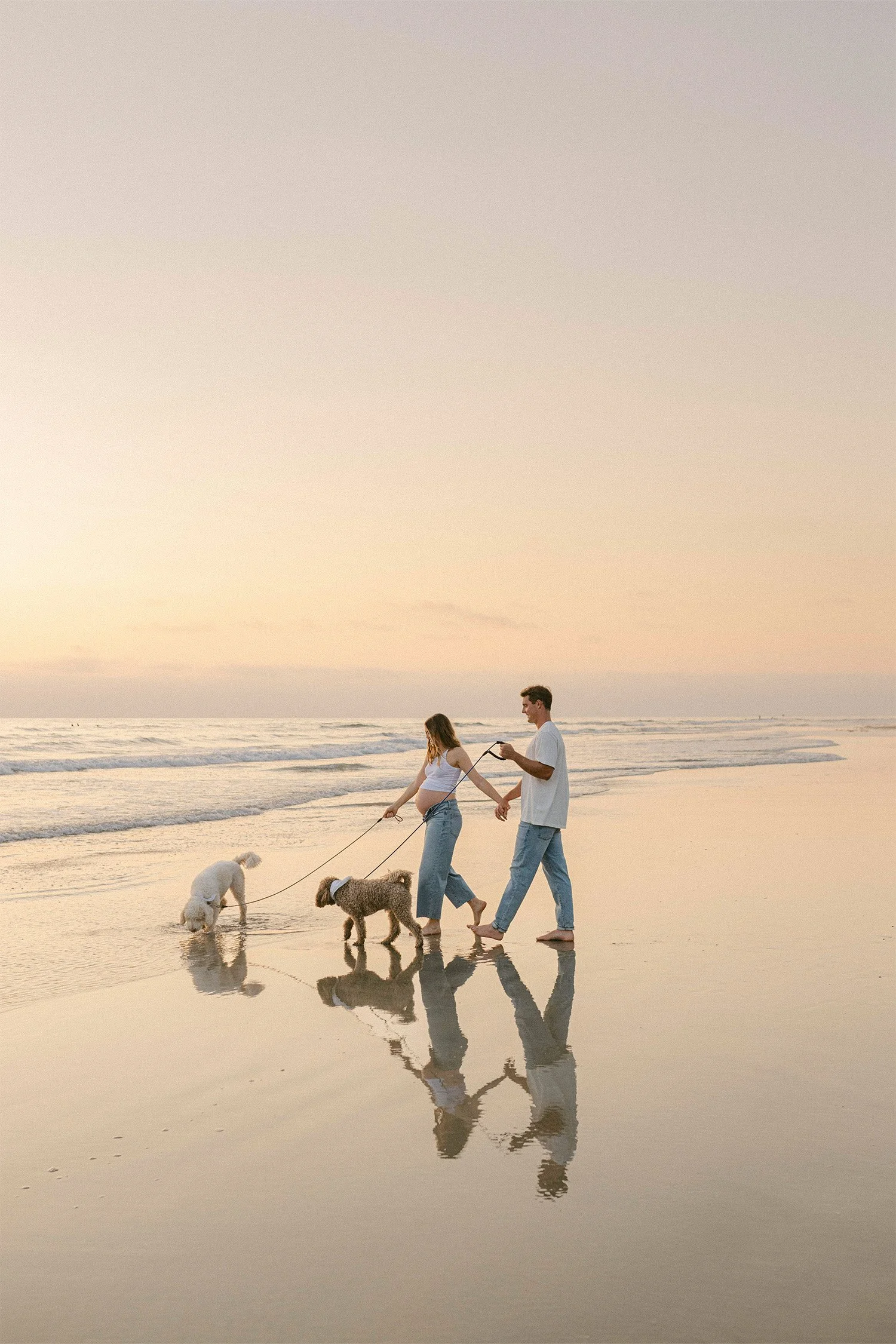 Pregnant couple walking dogs along shoreline at sunset, highly recommended pet-friendly maternity photographer Orange County