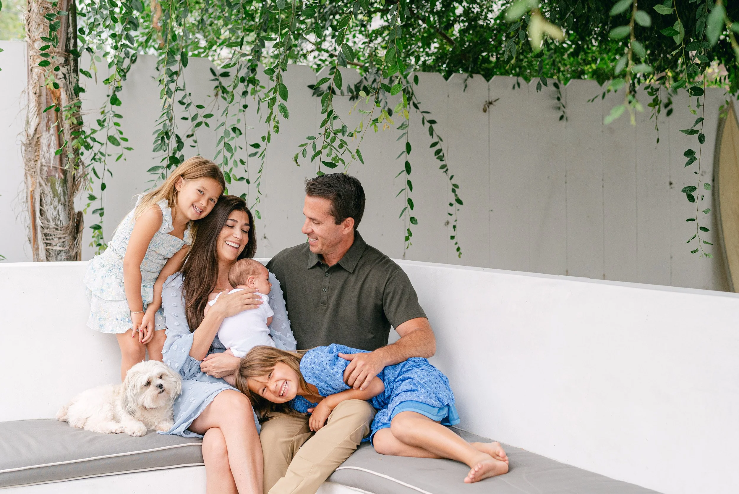 Family of five with newborn and pet dog outdoors, Highly recommended pet-friendly family photographer in Orange County
